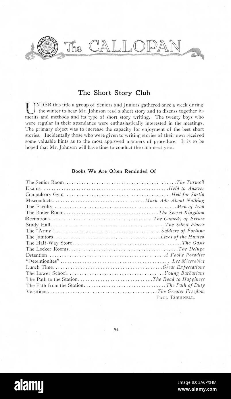 'The Callopan' 1917 Blake Yearbook présente des portraits d'élèves et d'enseignants, des événements sportifs et des activités scolaires importantes de l'année scolaire 1916-1917/09. Banque D'Images