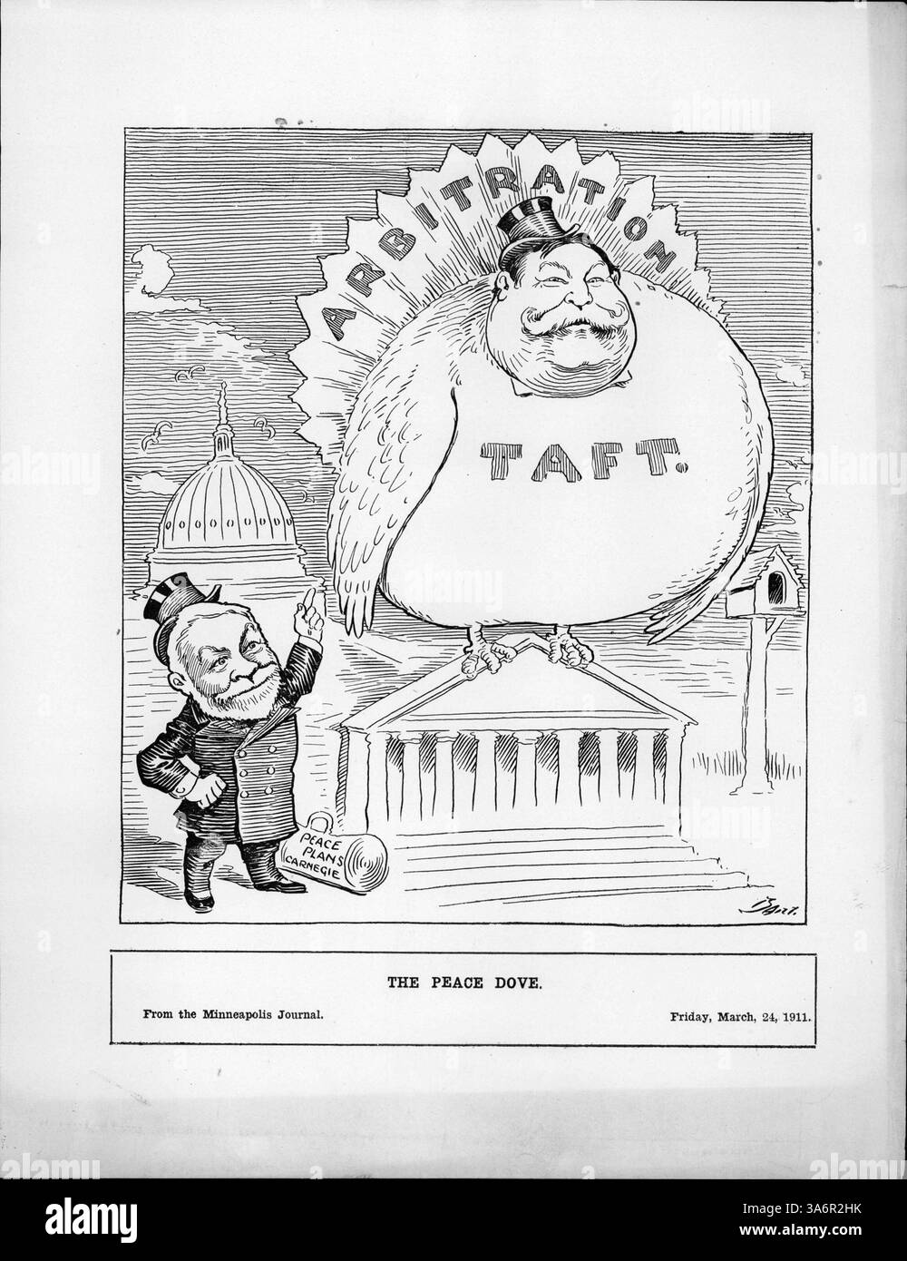 L'image du président Taft comme une colombe de paix perchée sur le Capitole américain symbolise l'accord d'arbitrage de 1911 négocié par Taft avec la Grande-Bretagne, visant à prévenir de futurs conflits entre les deux puissances, tandis que les plans de paix d'Andrew Carnegie sont mis en évidence. Banque D'Images L'image du président Taft comme une colombe de paix perchée sur le Capitole américain symbolise l'accord d'arbitrage de 1911 négocié par Taft avec la Grande-Bretagne, visant à prévenir de futurs conflits entre les deux puissances, tandis que les plans de paix d'Andrew Carnegie sont mis en évidence. Banque D'Images