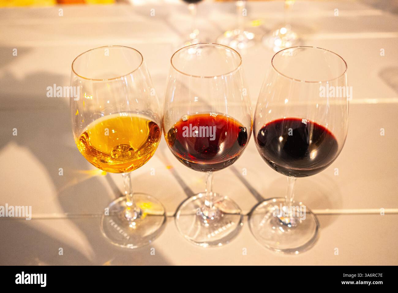 Trois verres de Porto à Porto, Portugal lors d'une dégustation dans une salle de tonneau. Banque D'Images