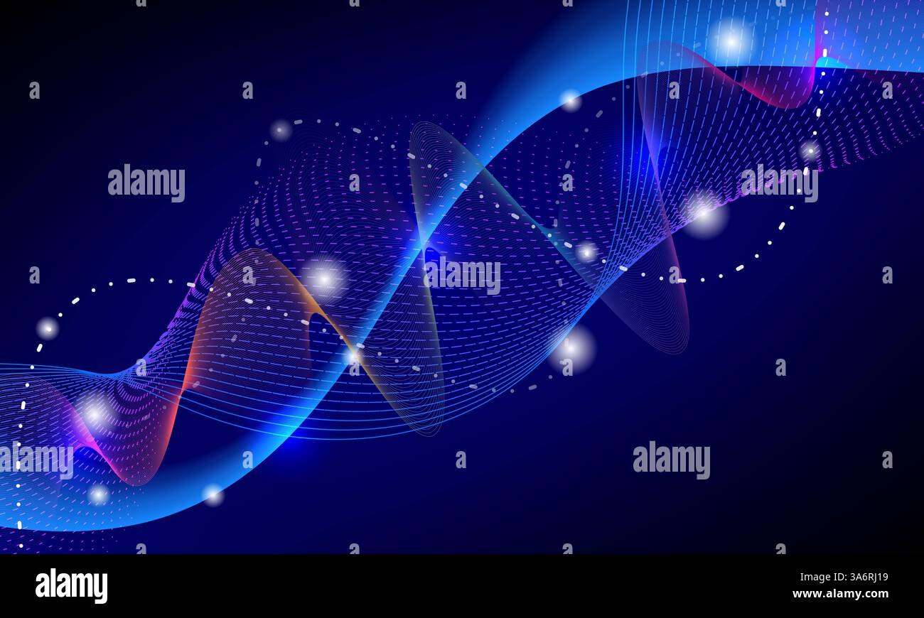Lignes d'ondes lumineuses abstraites sur fond bleu foncé. Motif d'onde dynamique. Lignes ondulées fluides modernes. Concept de technologie futuriste. Costume pour bannière, Banque D'Images