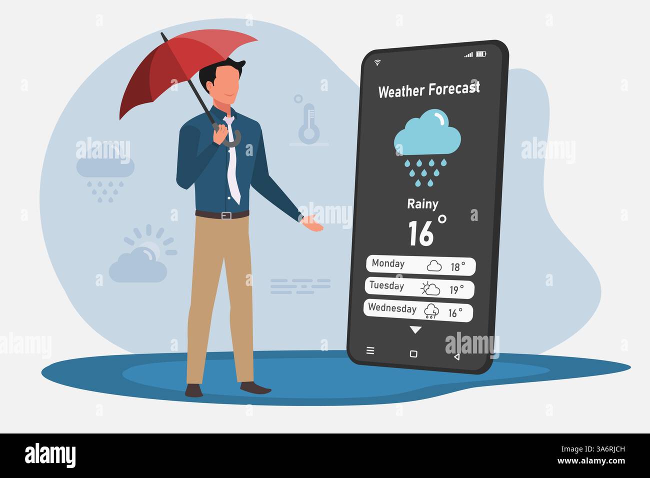 Homme tenant un parapluie tout en vérifiant les prévisions météo sur son smartphone Illustration de Vecteur