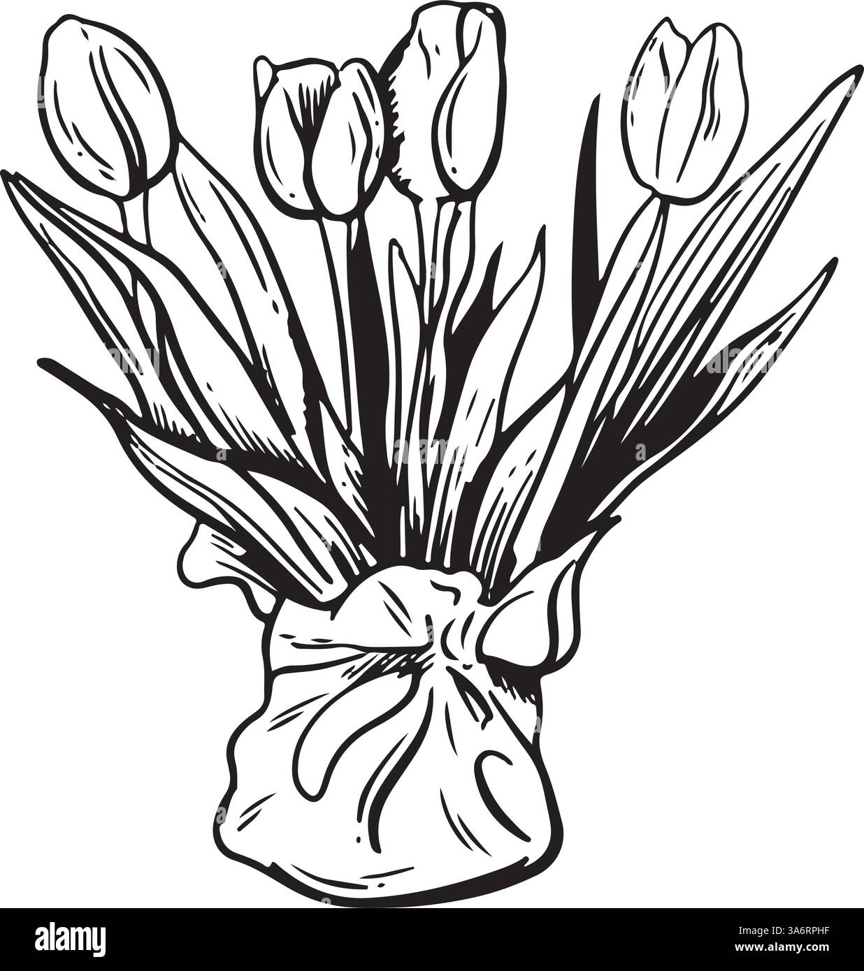 Bel arrangement floral avec des tulipes dans un vase simple mettant en valeur l'élégance naturelle et le charme. Illustration vectorielle dessinée à la main. Gravure Illustration de Vecteur