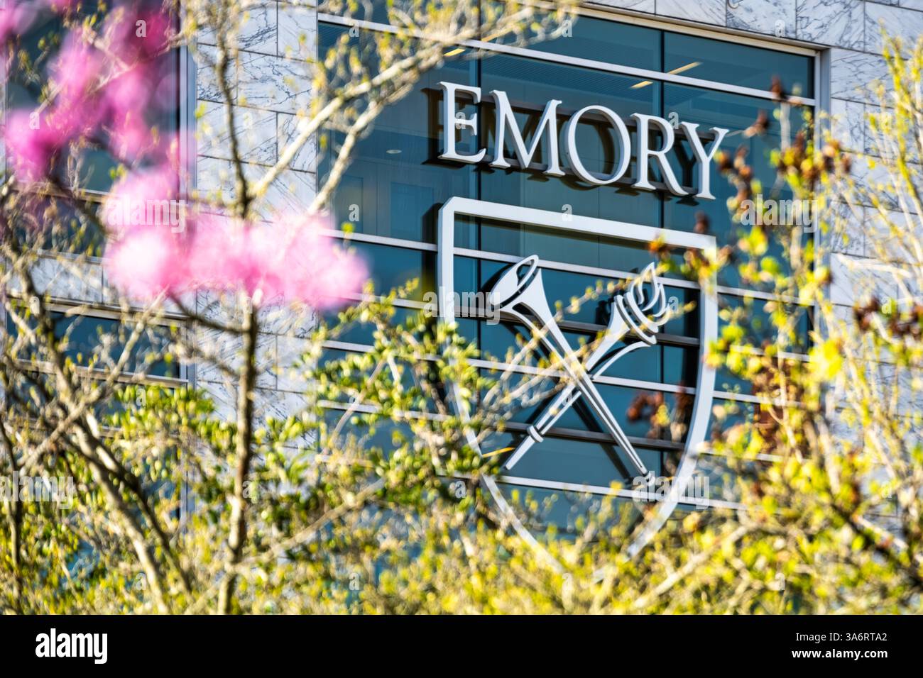 Logo de l'Université Emory sur le pont Brumley, un pont piétonnier fermé sur le campus de l'université. (ÉTATS-UNIS) Banque D'Images