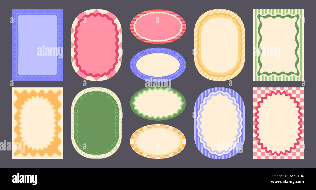 Ensemble de cadres de bordure ondulée Groovy - cadres de couleurs pastel avec des motifs de tourbillon de points, éléments à carreaux, bords festonnés ovales pour les projets de conception rétro des années 60 et 70. Arrière-plans vectoriels colorés à carreaux funky. Illustration de Vecteur