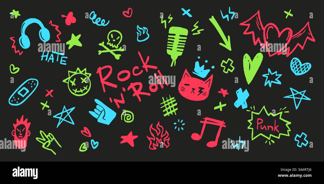 Icônes du punk rock fluo doodle aux couleurs éclatantes. Divers symboles musicaux dessinés à la main et des éléments de graffiti dans un style underground énergique pour autocollants, vêtements ou tatouage. Formes texturées crayon ou craie. Illustration de Vecteur