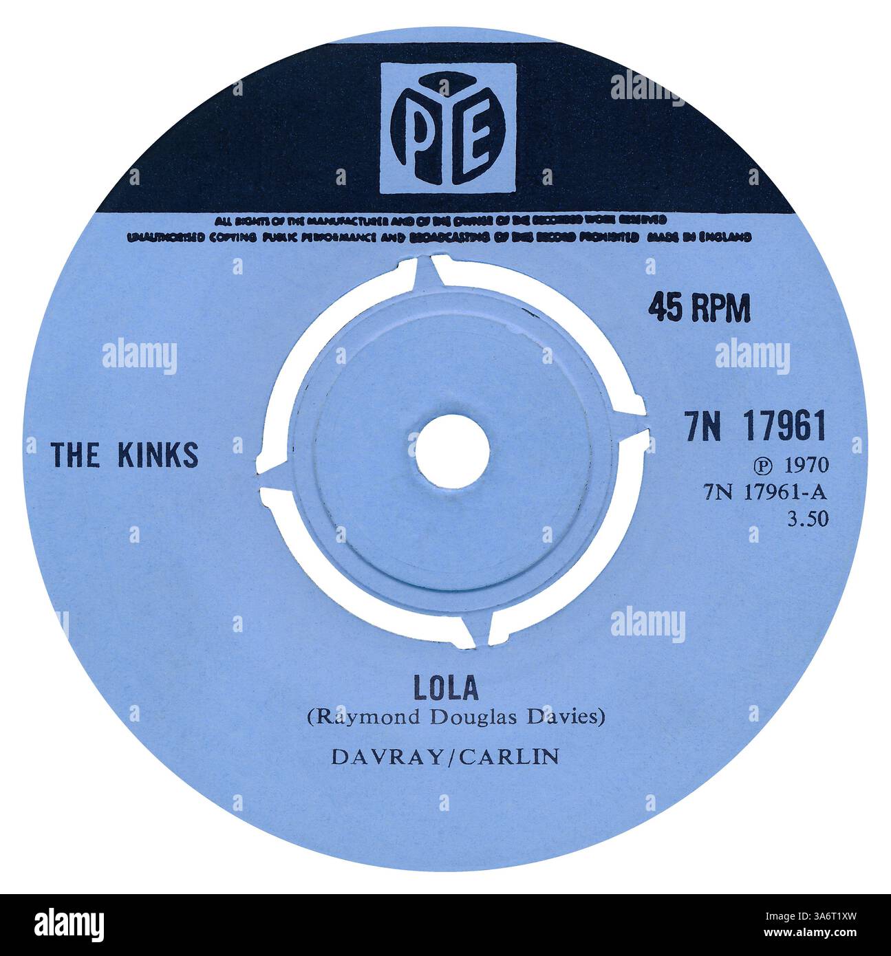 45 RPM 7' UK label de Lola par les Kinks sur le label Pye à partir de juin 1970. Écrit et produit par Ray Davies. Banque D'Images