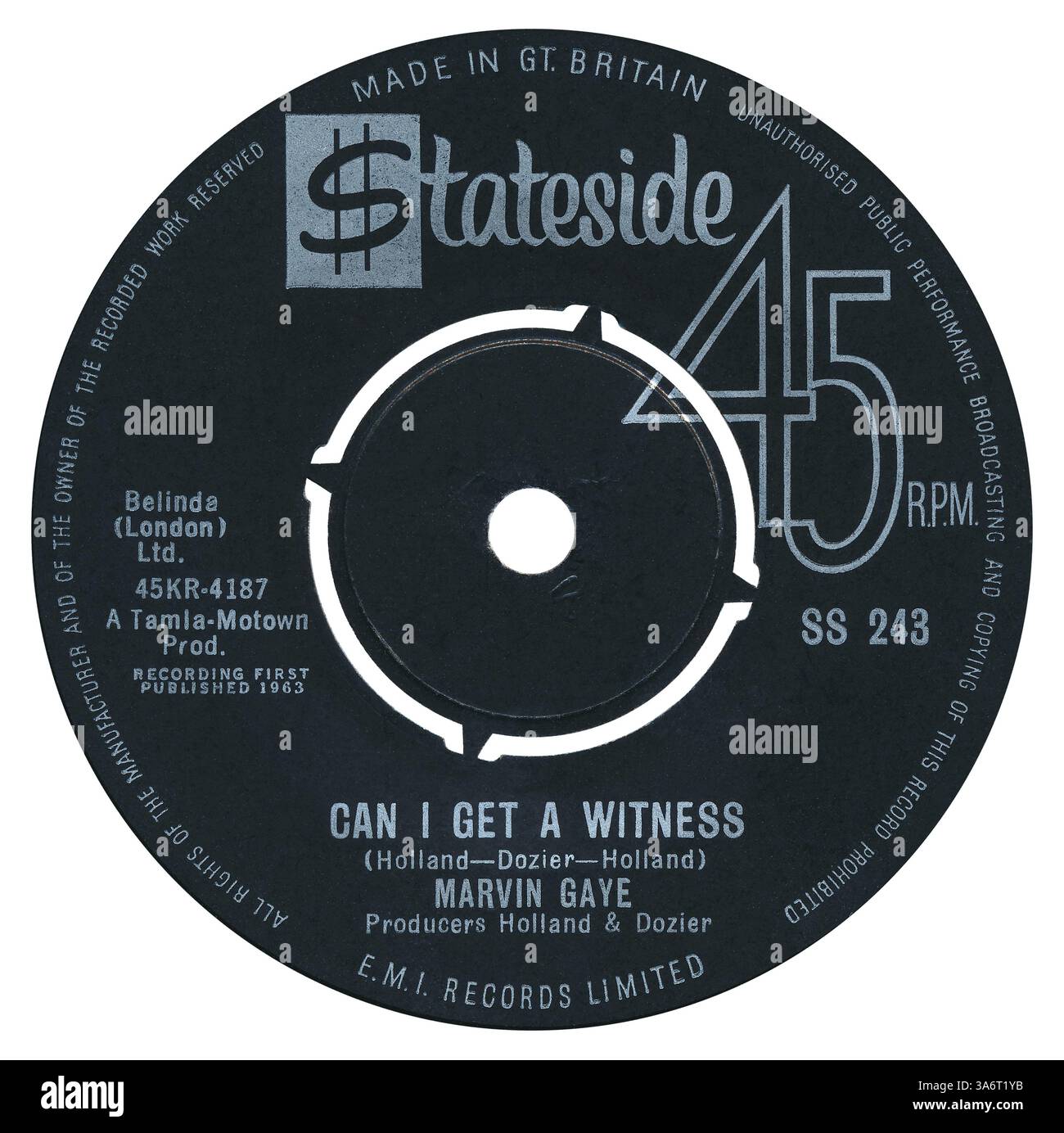 45 RPM 7' label britannique de Can I Get A Witness de Marvin Gaye sur le label Stateside à partir de novembre 1963. Écrit par Brian Holland, Lamont Dozier et Eddie Holland. Produit par Brian Holland et Lamont Dozier. Chœurs des Supremes. Banque D'Images