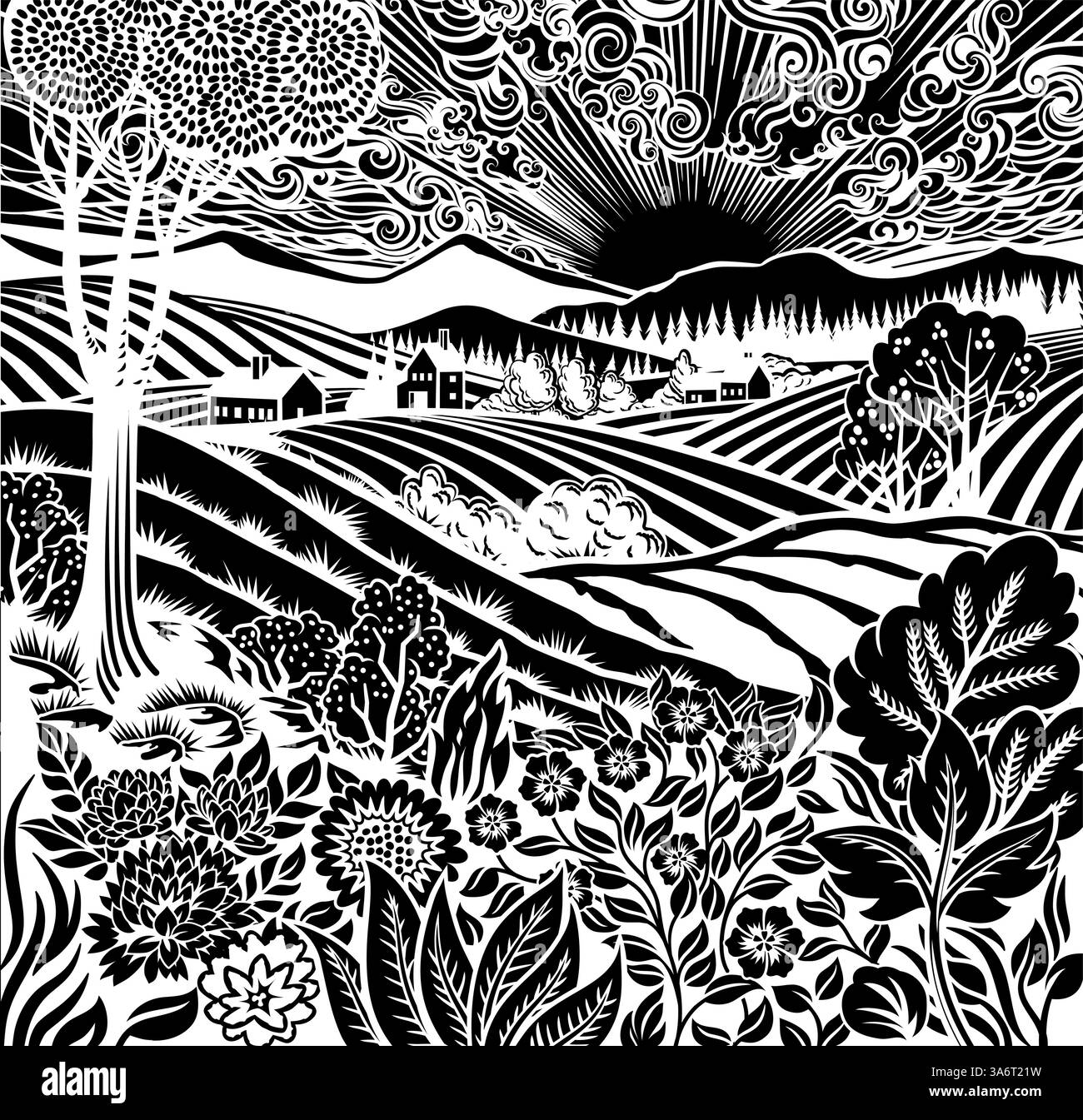 Champs Rolling Hills Farm Land fleurs arrière-plan Illustration de Vecteur