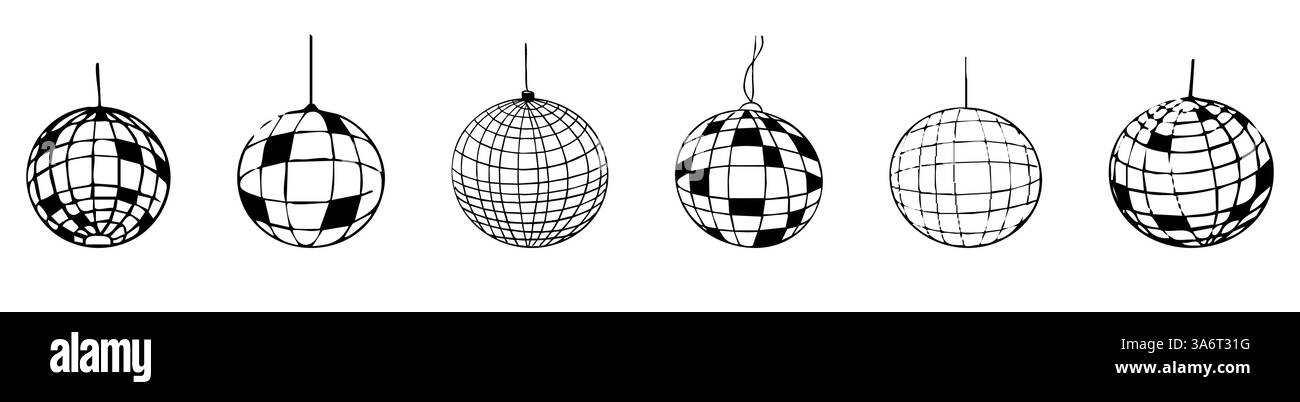 Disco boule doodle ligne tatouage y2k coquette trendy groovy décoration. Ligne de fête de danse rétro éléments de conception dessinés à la main. Boule disco avec étoiles, croquis. Illustration vectorielle Illustration de Vecteur