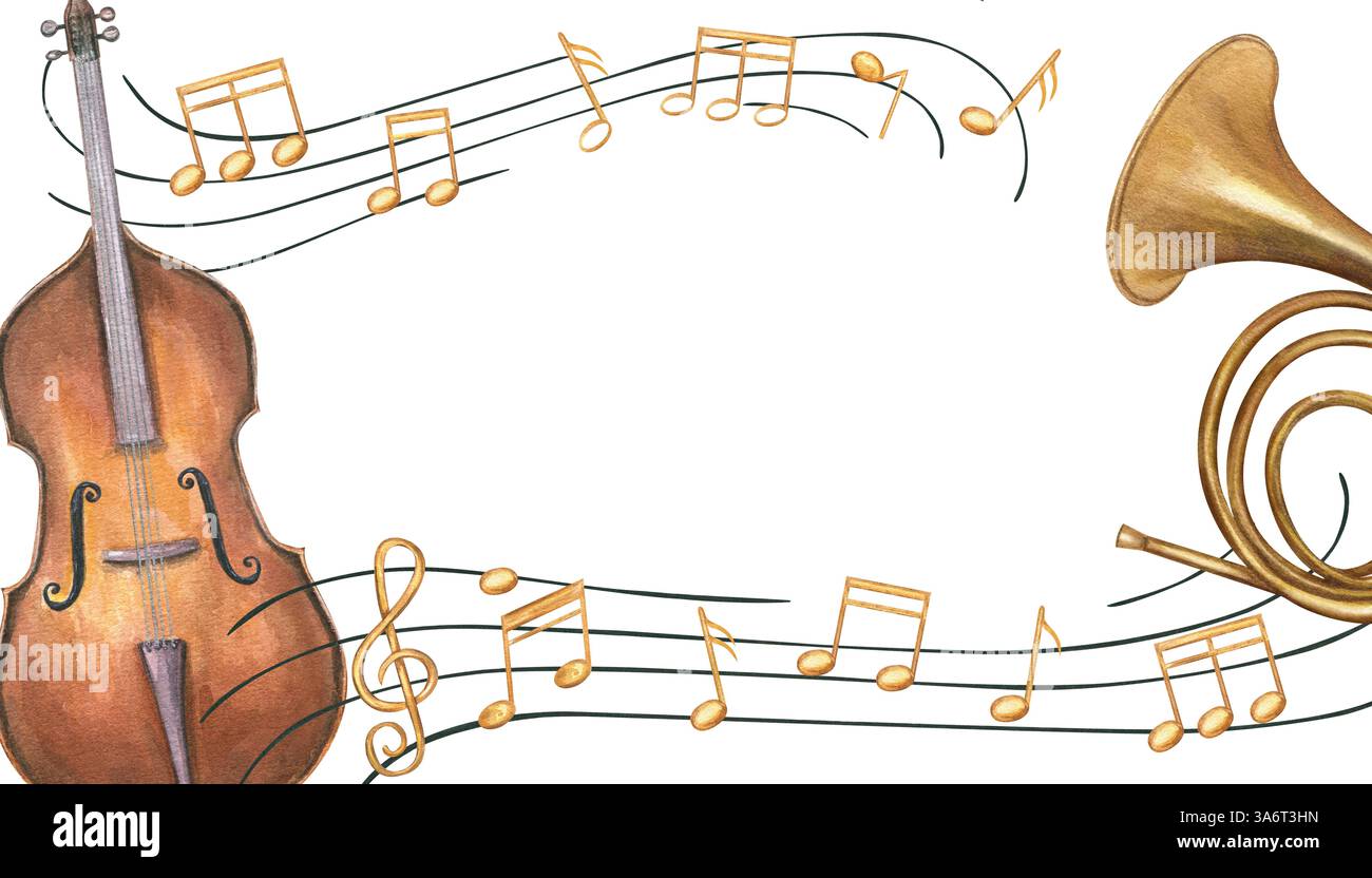 Contrebasse, cor français et notes de musique sur le cadre rectangulaire horizontal du bâton avec un espace vide pour le texte. Aquarelle des instruments à vent et à cordes Banque D'Images