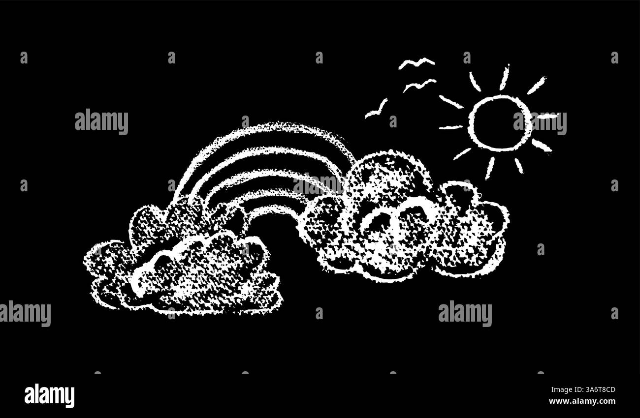 Nuages crayons avec arc-en-ciel. Ciel avec soleil et silhouette d'un troupeau d'oiseaux. Crayon de cire monochrome enfants dessin paysage. Conception drôle naïve de vecteur Illustration de Vecteur