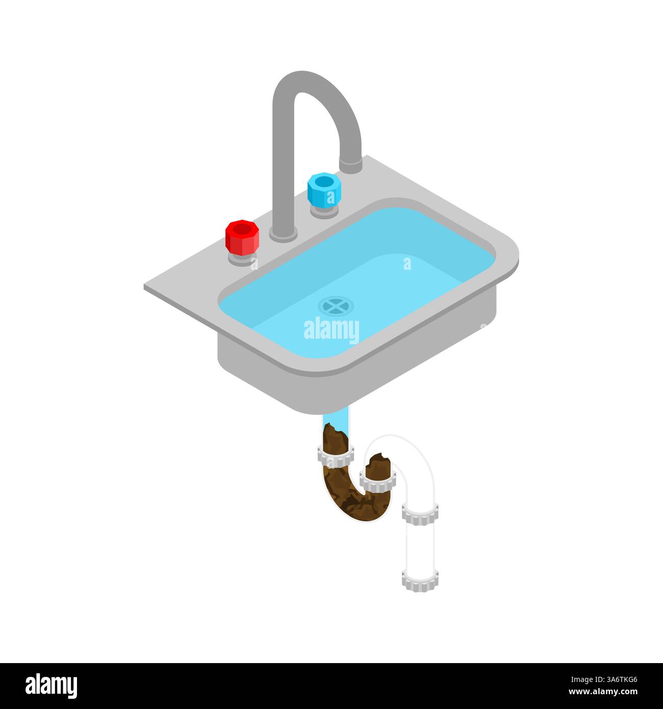 Évier obstrué. Eau se trouvant dans l'évier. Saleté dans le drain. Illustration de Vecteur