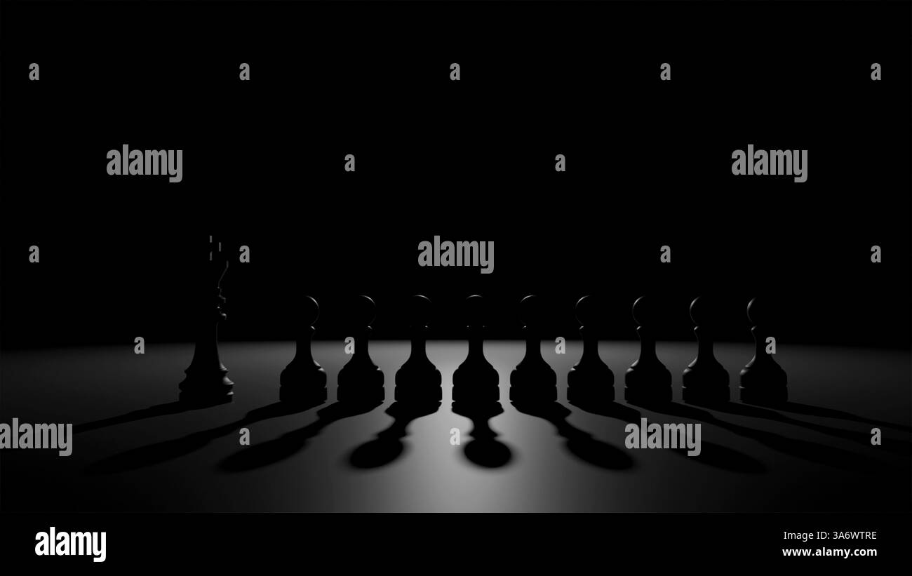 Modèle 3D de roi noir et pions noirs debout dans une rangée derrière le roi dans l'obscurité, jeu d'équipe, jouer aux échecs Banque D'Images