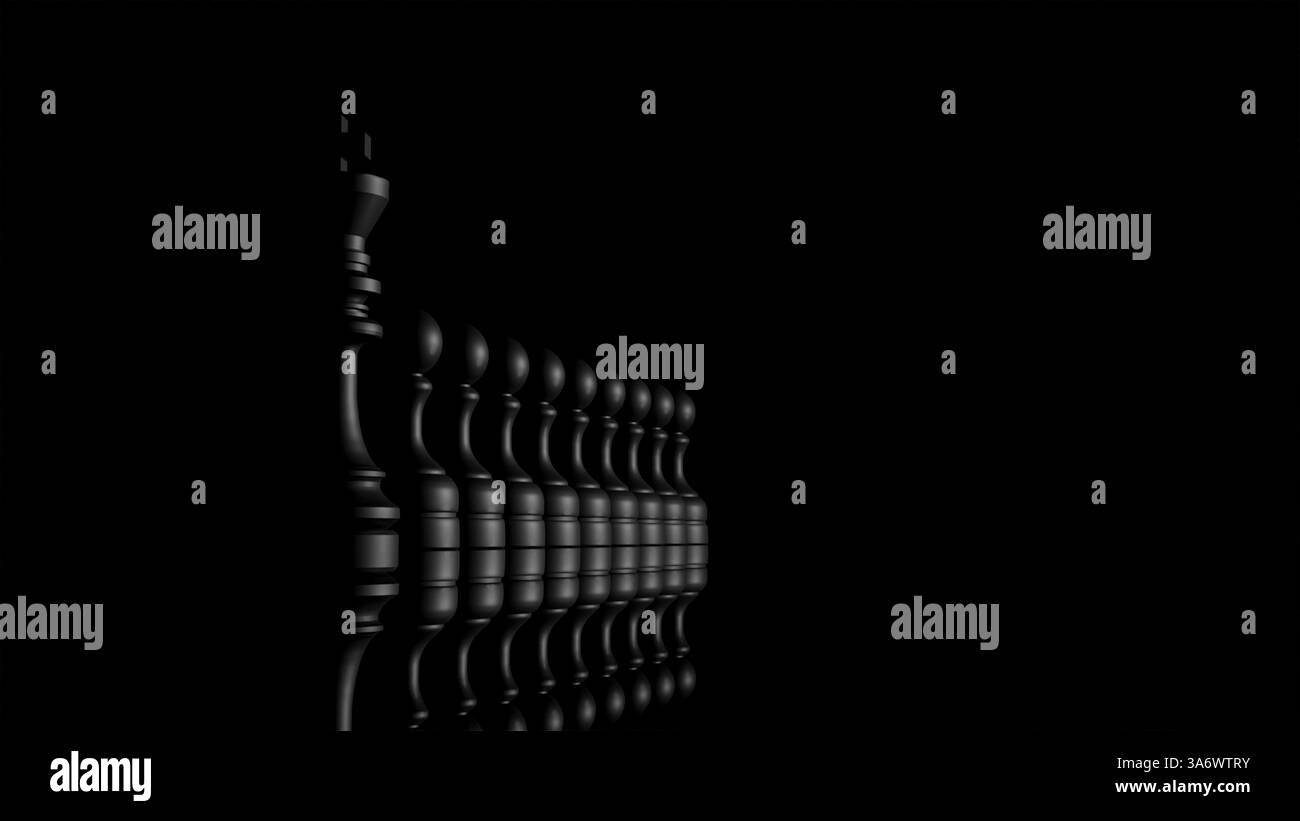 Modèle 3D de roi noir et pions noirs debout dans une rangée derrière le roi dans l'obscurité, jeu d'équipe, jouer aux échecs Banque D'Images