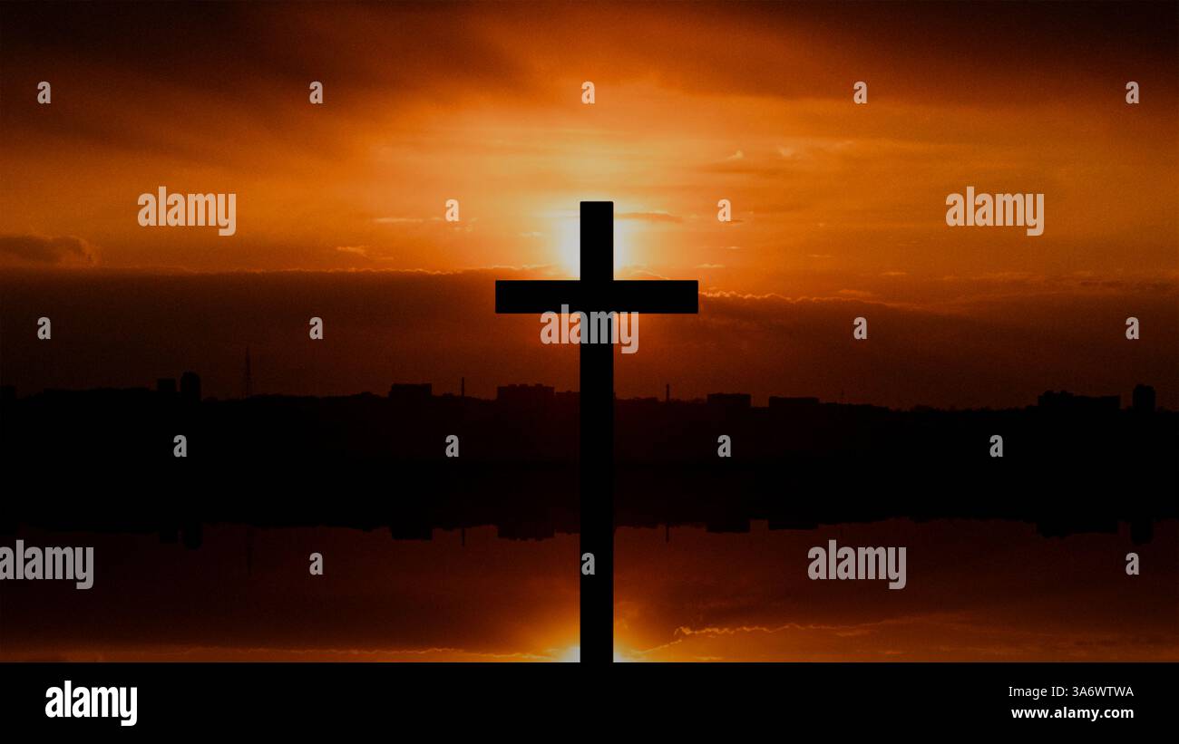 Modèle 3D d'une croix dans l'obscurité sur fond d'un coucher de soleil en Ukraine, foi et religion en Dieu, crucifixion, deuil pour les morts Banque D'Images