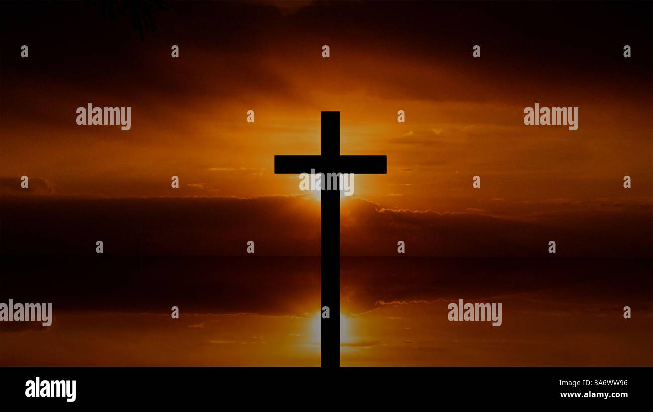 Modèle 3D d'une croix dans l'obscurité sur fond d'un coucher de soleil en Ukraine, foi et religion en Dieu, crucifixion, deuil pour les morts Banque D'Images