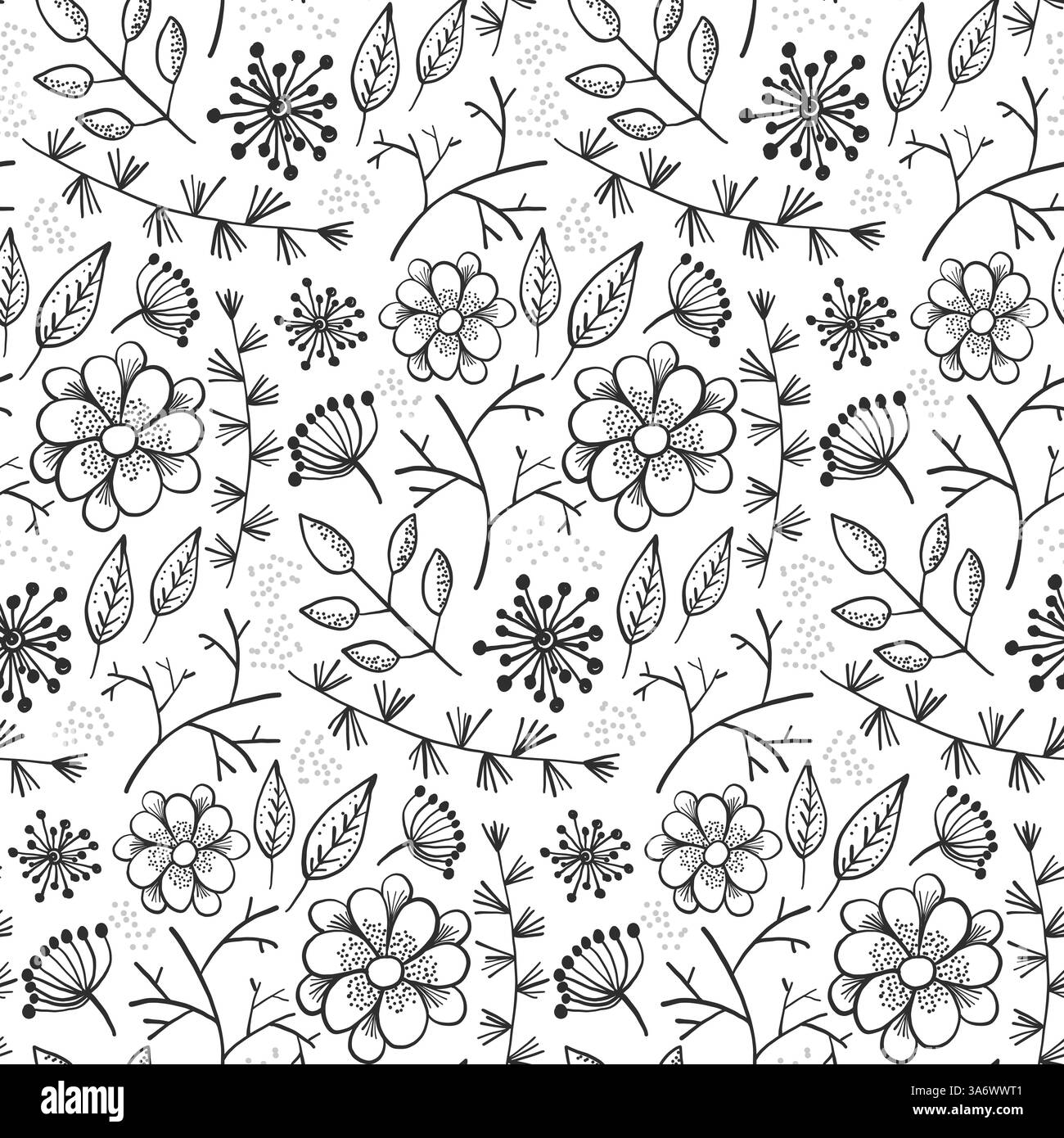 Motif floral avec des fleurs et des herbes de contour Illustration de Vecteur