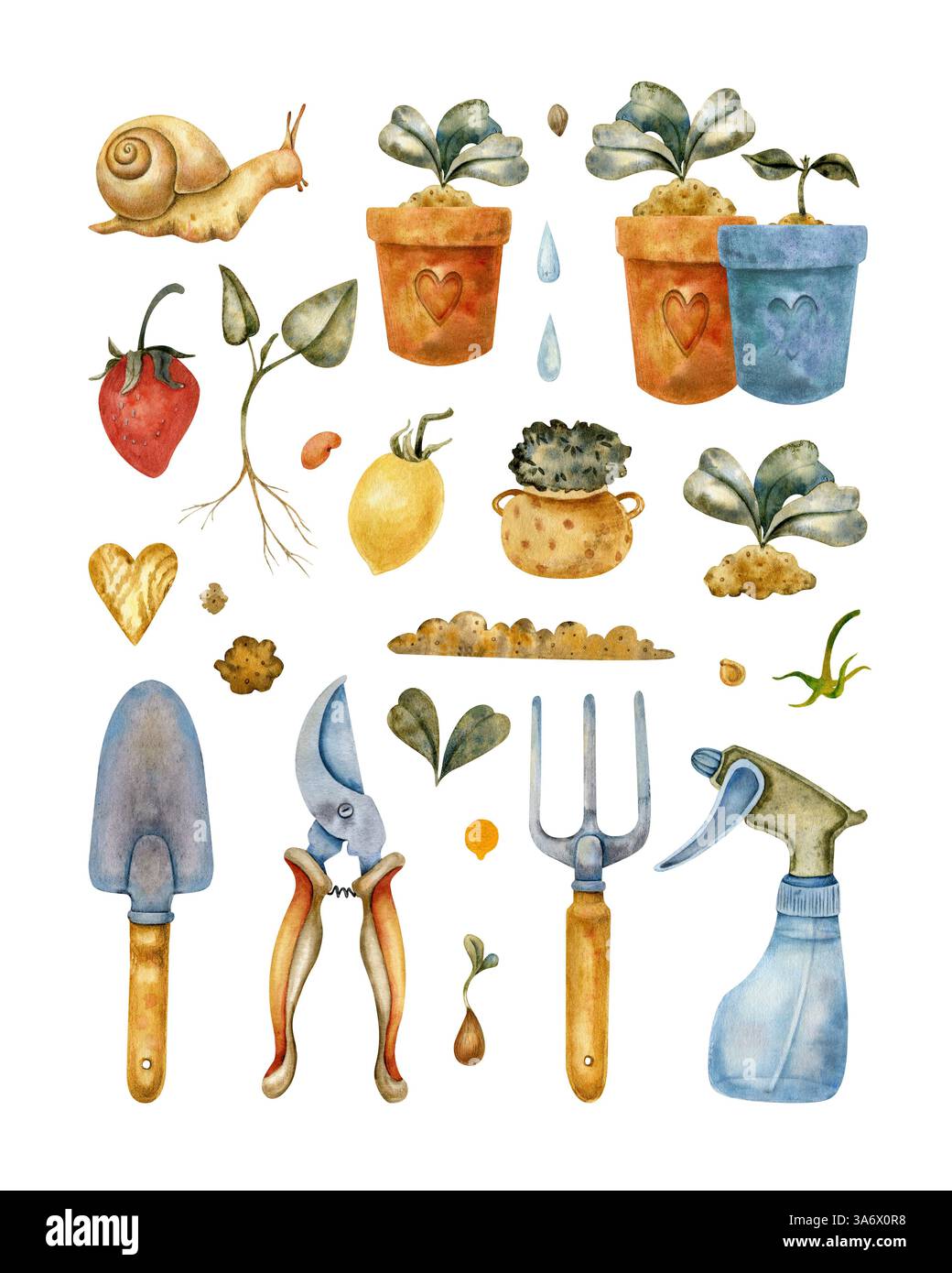 Ensemble de jardinage et de récolte d'aquarelle avec des légumes, des outils et des plantes. Comprend tomate, pomme de terre, arrosoir, pelle, fourchette, germe et feuilles Banque D'Images