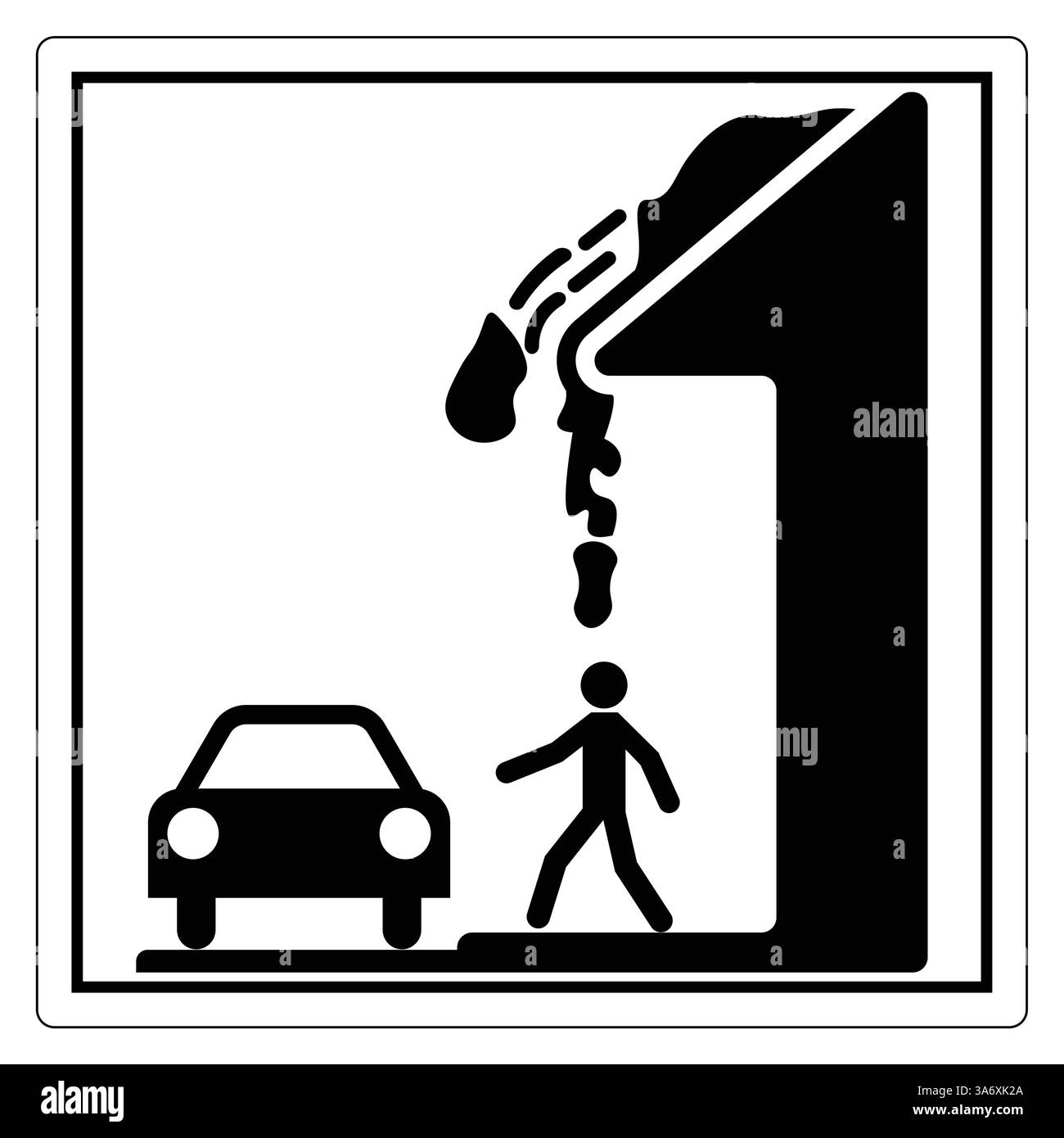 Panneau d'avertissement indiquant un danger potentiel d'eau en zone urbaine avec illustrations de voitures et de piétons Illustration de Vecteur
