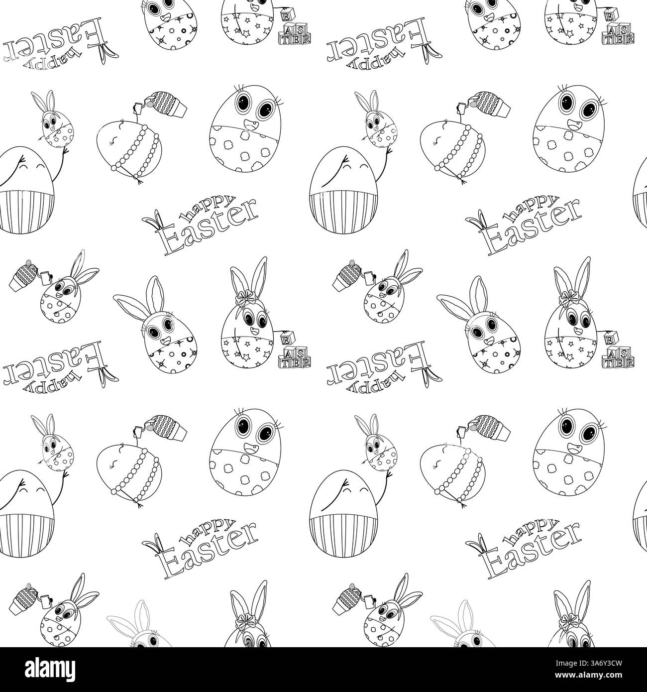 Motif sans couture noir et blanc de Pâques avec d'adorables personnages d'oeufs, lapins, cupcakes, et - joyeuses Pâques - texte. Coloriage pour les enfants. Illustration de Vecteur