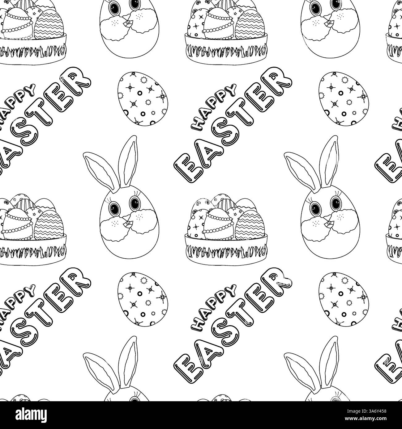 Motif monochrome sans couture avec œufs de lapin de Pâques anthropomorphes, paniers à œufs décorés et texte festif. Parfait pour coloriage des enfants. Illustration de Vecteur