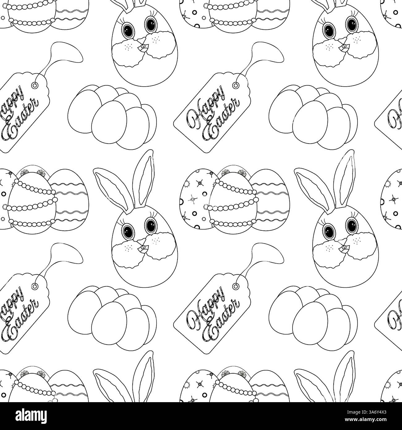 Motif sans couture noir et blanc avec lapin de Pâques anthropomorphique, œufs de Pâques décorés, - joyeuses Pâques - étiquettes et éléments festifs. Illustration de Vecteur
