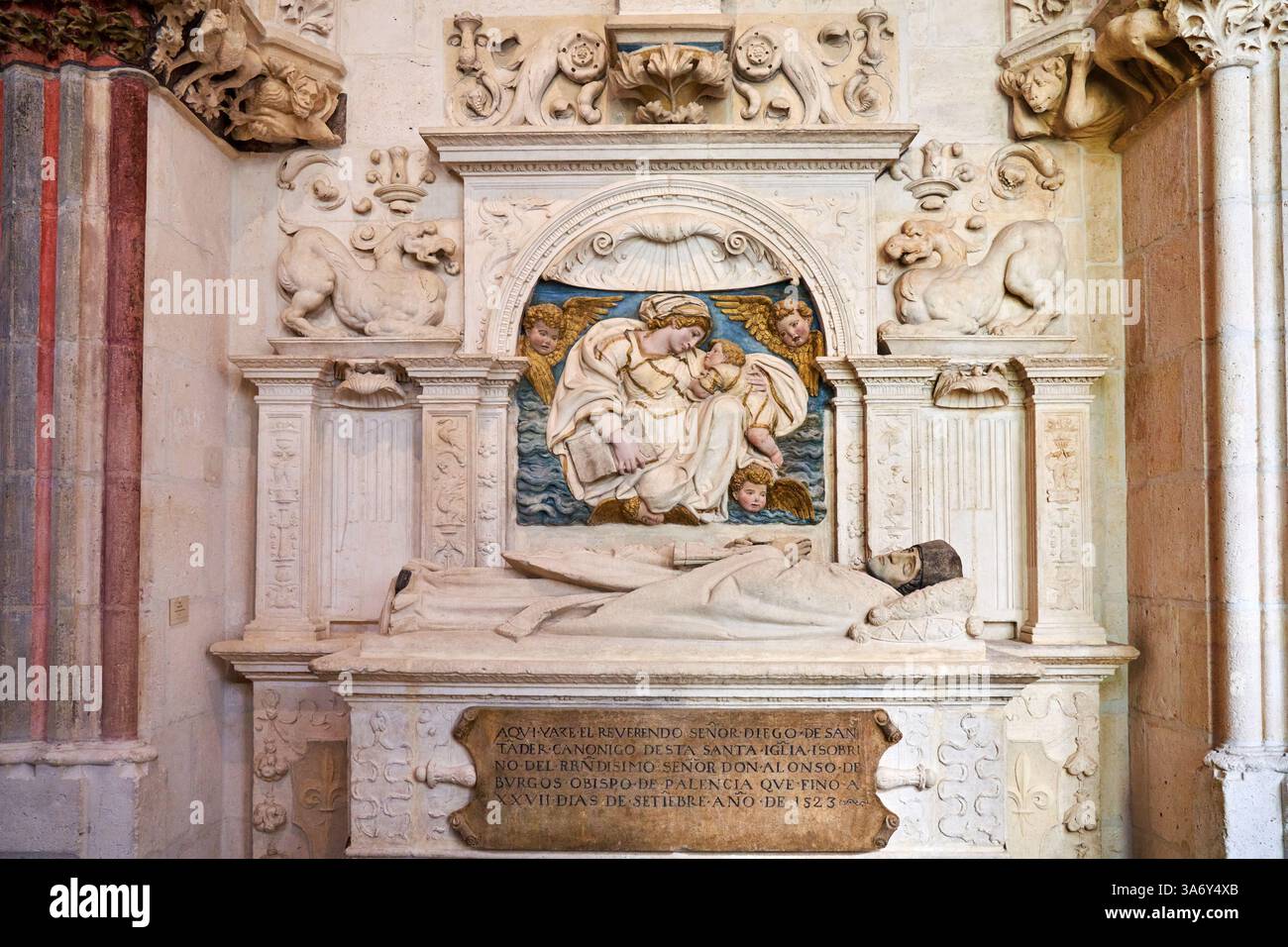 Tombe de Diego de Santander, canon, XVIe siècle, tombe gothique, cloître inférieur, cathédrale de Santa María, gothique français, Burgos, Castille-et-León, Espagne Banque D'Images