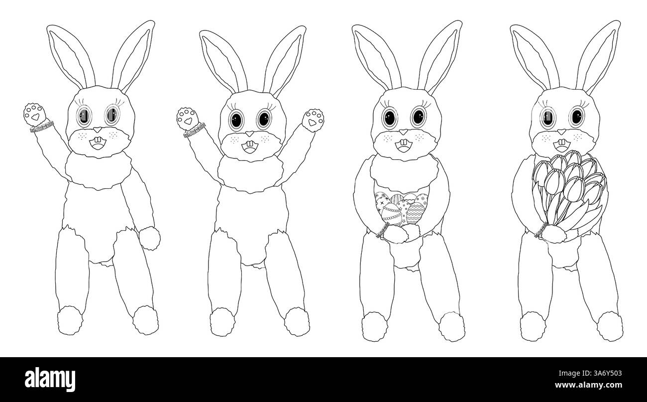 Ensemble de quatre Noir et Blanc adorable page de coloriage de lapin de Pâques anthropomorphique avec de jolies poses et accessoires. Idéal pour les enfants et l'artisanat de fête Illustration de Vecteur