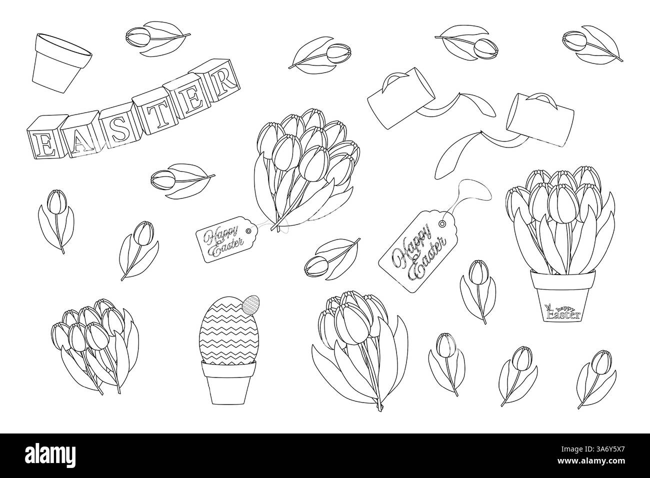 Ensemble de Pâques avec tulipes, étiquettes cadeau, œufs décoratifs et éléments de joyeuses Pâques en noir et blanc. Coloriage pour les enfants. Illustration de Vecteur