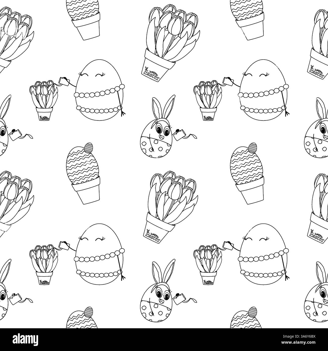 Coloriage noir et blanc motif sans couture de Pâques comprenant des œufs de Pâques anthropomorphes décoratifs, des tulipes en pot et des éléments festifs des fêtes. Illustration de Vecteur