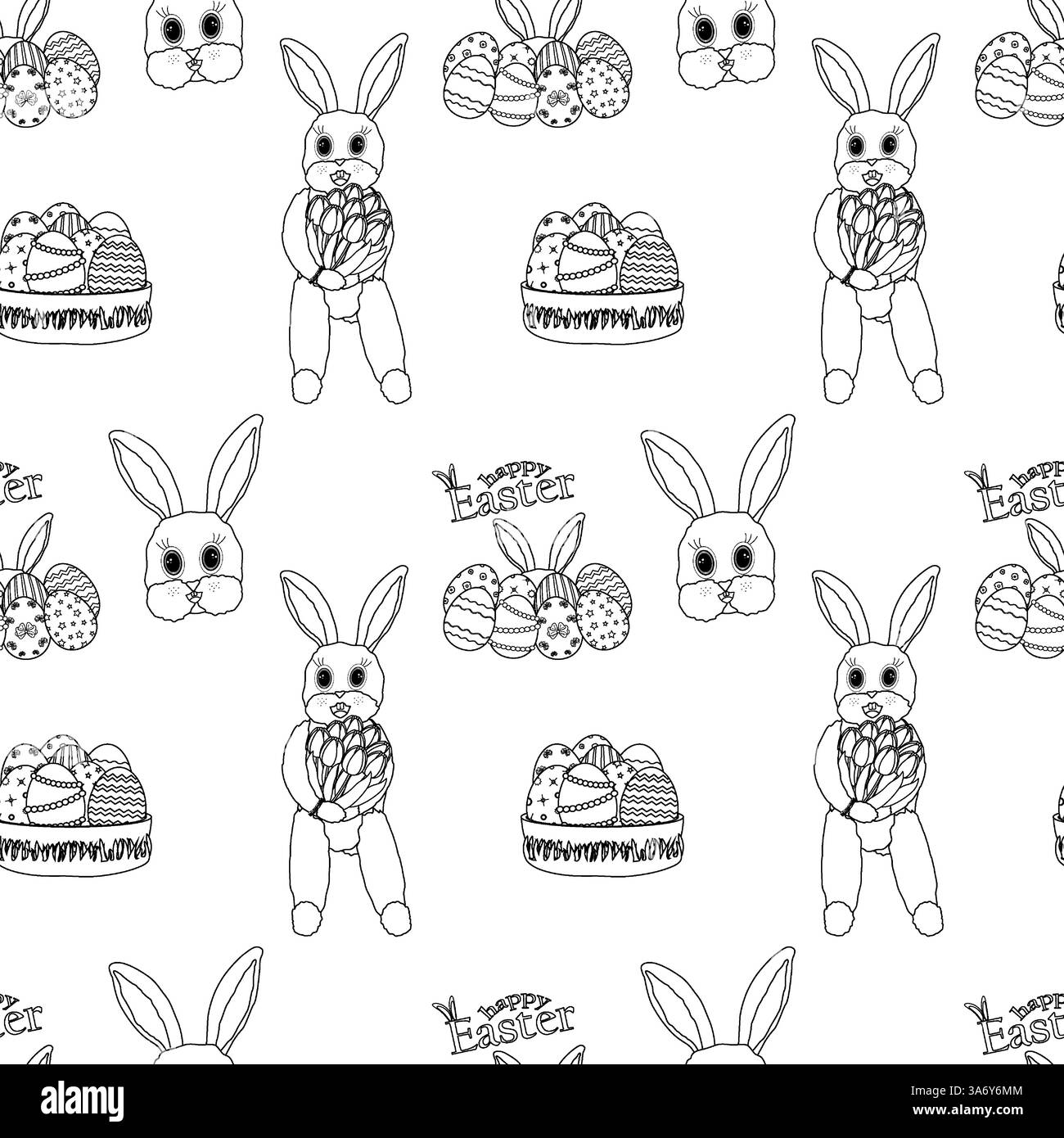 Motif sans couture de Pâques avec des lapins anthropomorphes mignons, des paniers à œufs et des éléments festifs. Parfait pour l'artisanat, les imprimés textiles et la coloration des enfants. Illustration de Vecteur