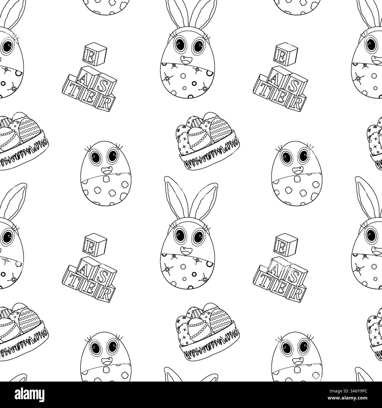 Motif de Pâques noir et blanc sans couture avec oeufs de Pâques anthropomorphes de lapin de Pâques, paniers festifs et blocs de lettres. Parfait pour l'artisanat des enfants. Illustration de Vecteur