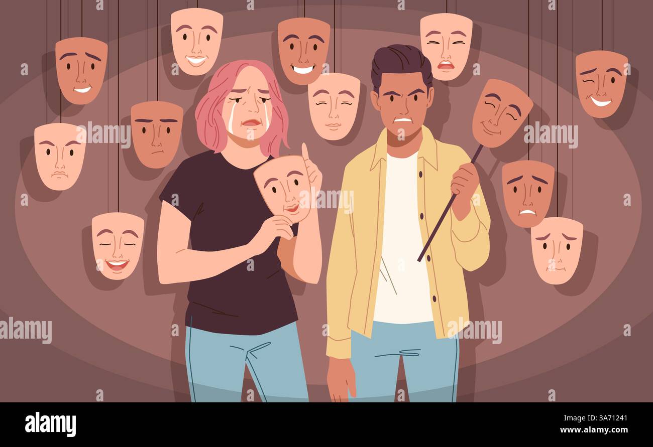 Masques sociaux. Femme triste, homme en colère utilisent de faux visages, des émotions et des sentiments différents, couple avec diverses expressions, santé mentale, dessin animé de dépression Illustration de Vecteur