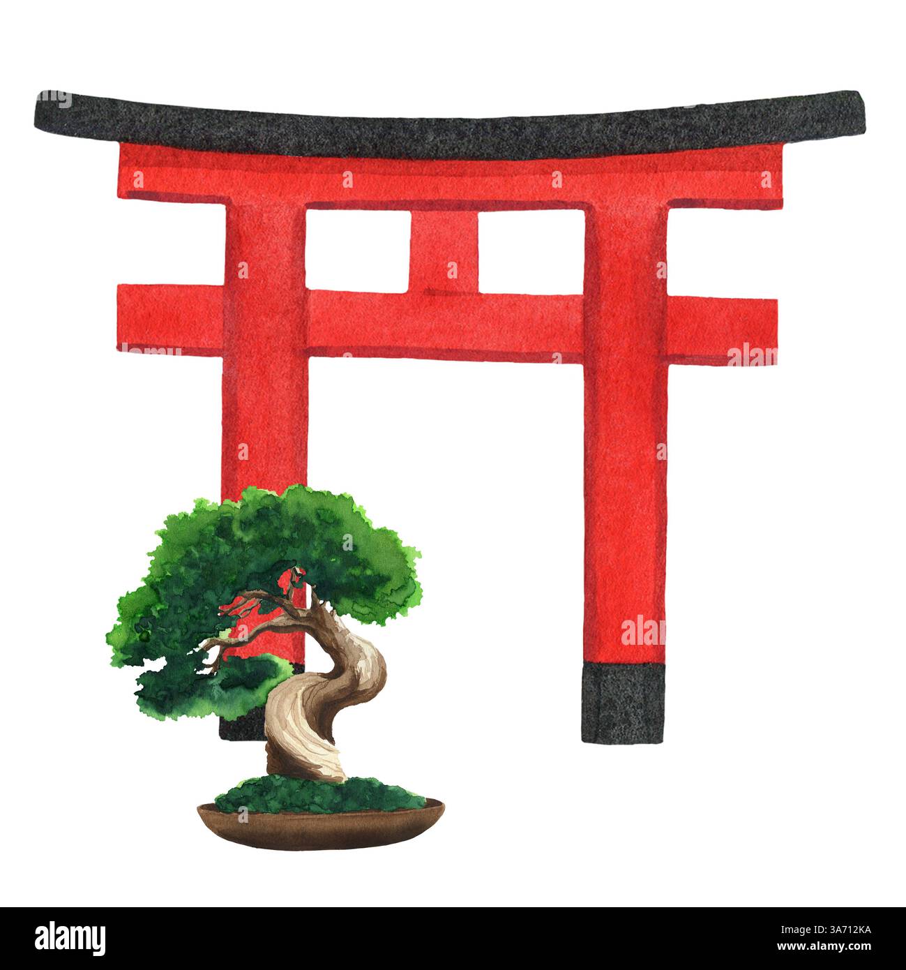 Arbre de bonsaï avec porte japonaise Torii sur fond blanc isolé, illustration de peinture dessinée à l'aquarelle à la main d'oiseau de grue. Beau dessin de main mignon Banque D'Images