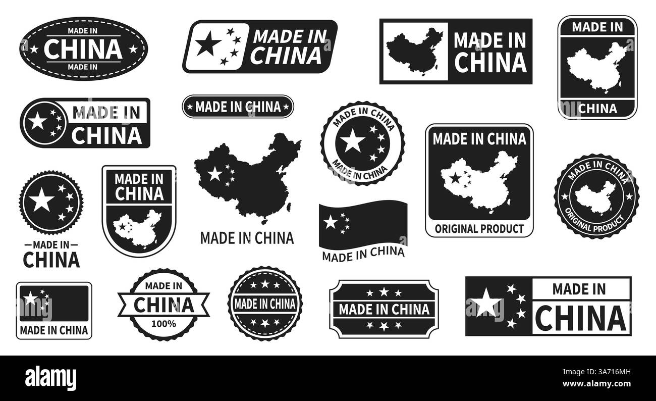 Fabriqué en chine timbres noirs. Étiquettes de qualité supérieure, collection d'autocollants de pays de fabrication, symboles de marchandises, d'épicerie et de vêtements, guar commercial Illustration de Vecteur