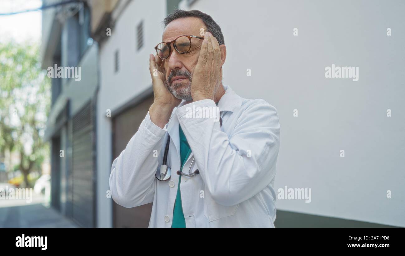 Homme hispanique, médecin d'âge moyen dans des lunettes avec stéthoscope, semble stressé à l'extérieur dans une rue de la ville près du bâtiment de l'hôpital, exprimant la fatigue un Banque D'Images