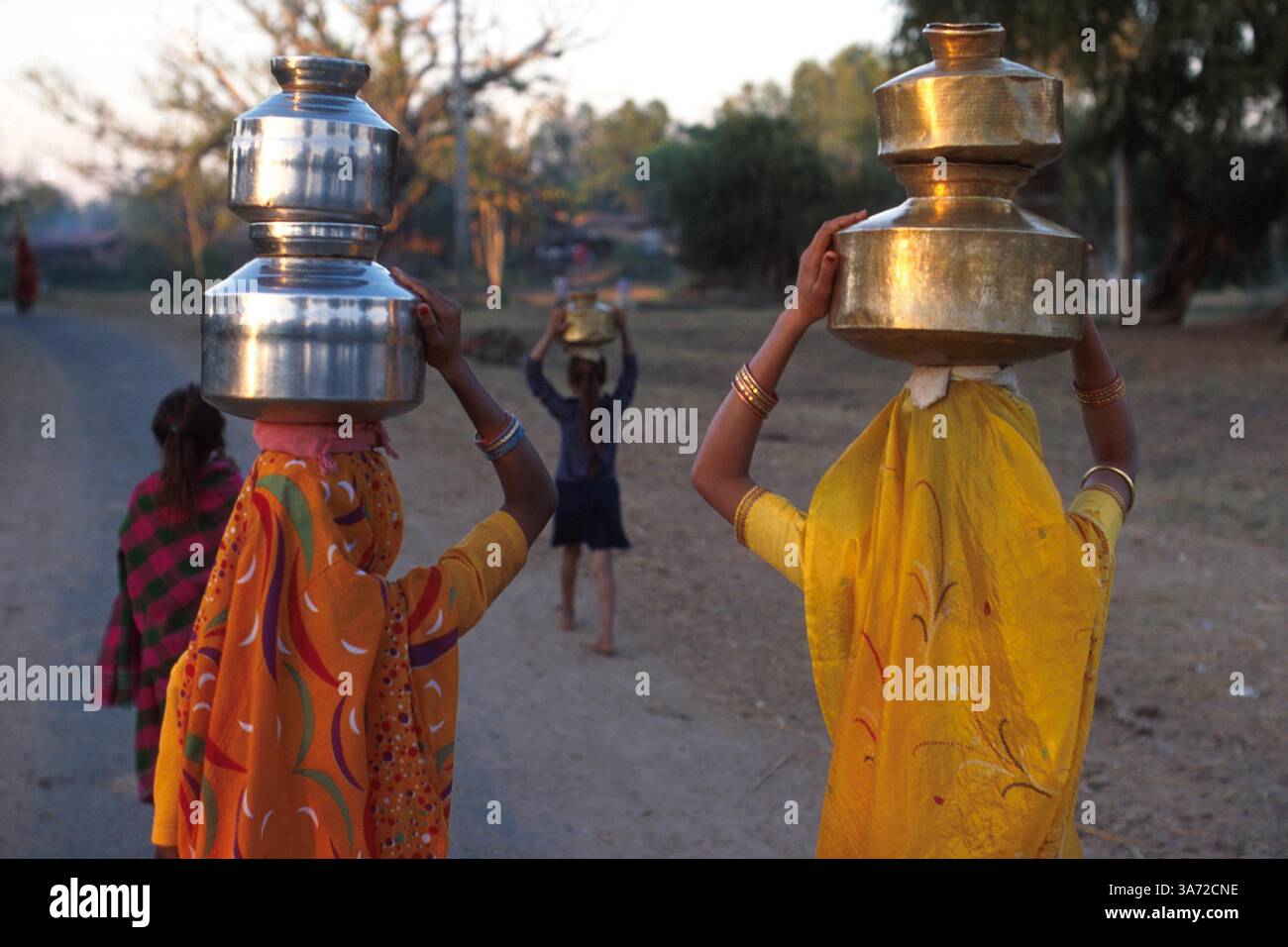 1ER JANVIER 2011 - LES VILLAGEOIS CHARGENT DES CONTENEURS DE LAIT À DESTINATION DES PRODUITS LAITIERS. CES CONTENEURS EN LAITON SONT REMPLIS ET AMENÉS À LA COOPÉRATIVE LAITIÈRE DU VILLAGE DEUX FOIS PAR JOUR, APRÈS LA TRAITE DE SON BÉTAIL. GUJURAT EST UN IMPORTANT PRODUCTEUR DE PRODUITS LAITIERS ET CHOCOLATÉS. ICI, DANS LE VILLAGE DE RUN DANS LA CAMPAGNE DE L'ÉTAT DE GUJURAT, À ENVIRON 60 MILES AU SUD D'AHMEDABAD. CE VILLAGE ABRITE UN PEUPLE BERGER NOMADE TRADITIONNEL QUI EN RAISON DU MANQUE DE TERRES DE PÂTURAGE OG POUR LEUR BÉTAIL SONT DEVENUS PLUS INSTALLÉS...K32132PQ G Banque D'Images