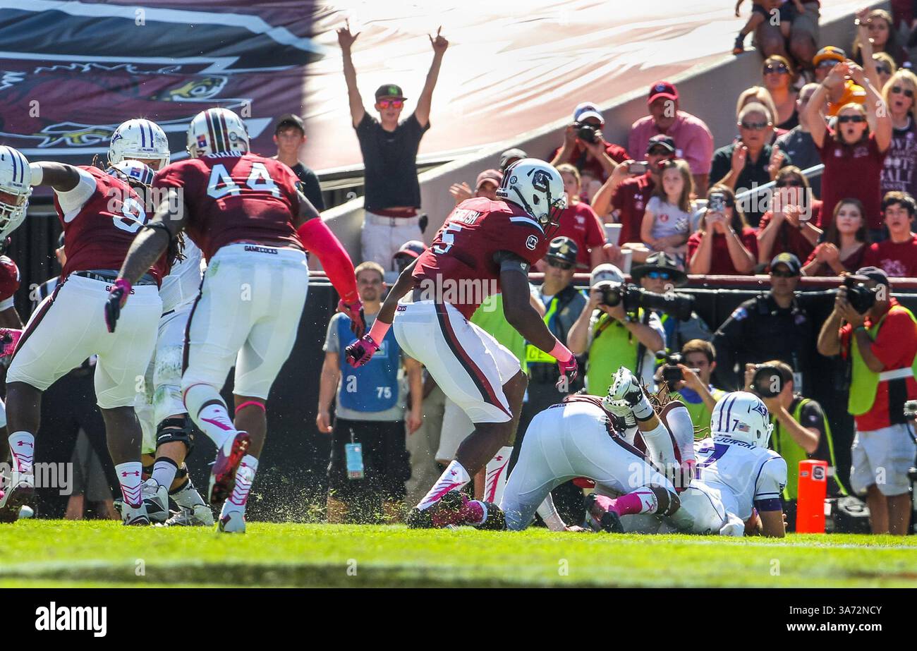 18 octobre 2014 - Columbia, SC, USA - la défense de Caroline du Sud arrête P.J. Blazejowski de Furman (7) devant le but lors du match des Gamecocks contre Furman le 18 octobre 2014 au Williams-Brice Stadium de Columbia, SC les Gamecocks ont battu les Paladins 41-10. (Crédit image : © Tim Dominick/TNS/ZUMA Wire) Banque D'Images