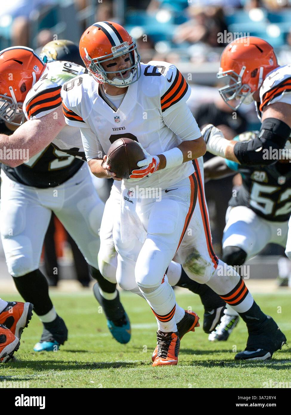 19 octobre 2014 - Jacksonville, FL, U. S : le quarterback des Browns de Cleveland Brian Hoyer (6) lors de la première mi-temps de la NFL entre les Browns de Cleveland et les Jaguars de Jacksonville à EverBank Field à Jacksonville, FL(image de crédit : © Romeo Guzman/Cal Sport Media/ZUMAPRESS.com) Banque D'Images