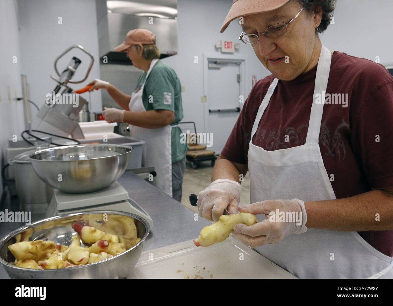 7 octobre 2014 - Hillsborough, Caroline du Nord, États-Unis - Debbie Donnald, à droite, coupe le bébé gingembre lavé pour le hachage éventuel en tant que partenaire d'affaires Audrey Lin, à gauche, nourrit des carottes entières lavées et coupées dans une déchiqueteuse de légumes le 7 octobre 2014 à la ferme Two Chicks Farm pour l'exploitation de pots dans une vitrine du centre commercial Boone Square à Hillsborough, en Caroline du Nord. Donnald et Lin cultiver des légumes frais à Two Chicks Farm dans le comté d'Orange. et depuis 2010 ont exploité leur entreprise de fermentation, fabriquant des produits végétaux fermentés probiotiques sains tels que des types de choucroute ainsi que des gelées de kimchi et de poivre Banque D'Images