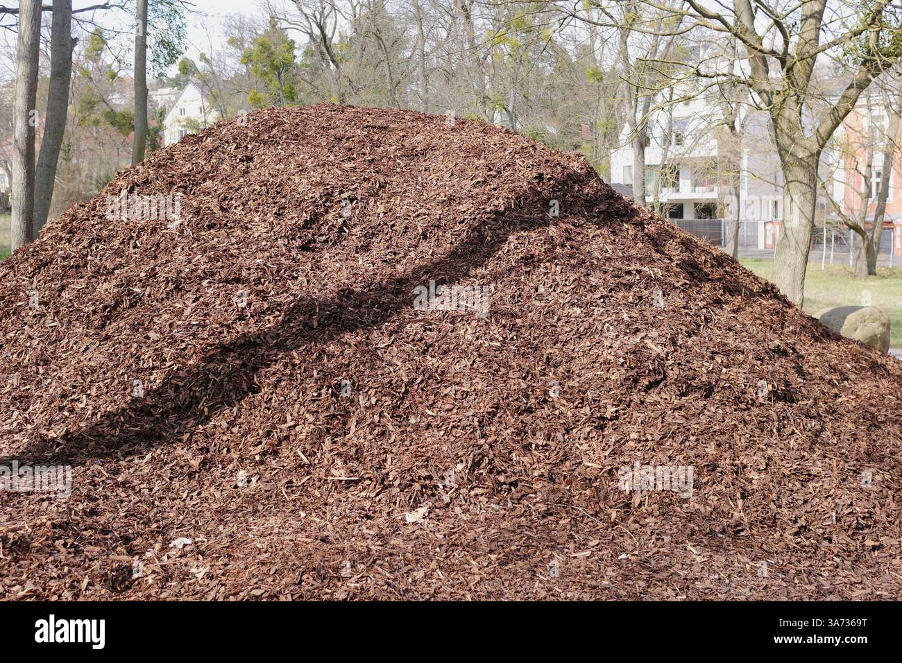 Un tas de paillis d'écorce. Engrais naturel à base d'humus végétal pour l'enrichissement du sol. Vienne, Potzleinsdorfer Schlosspark. Banque D'Images