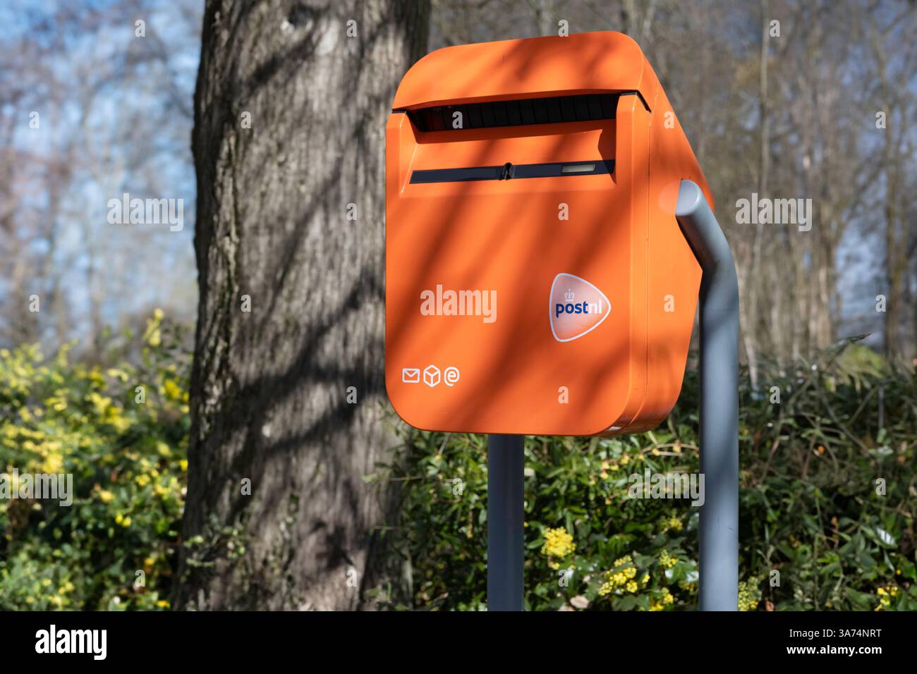 Boîte aux lettres typiquement hollandaise orange avec logo PostNL, qui est à l'extérieur dans une rue le long d'un parc avec des arbres au début du printemps avec le soleil Banque D'Images