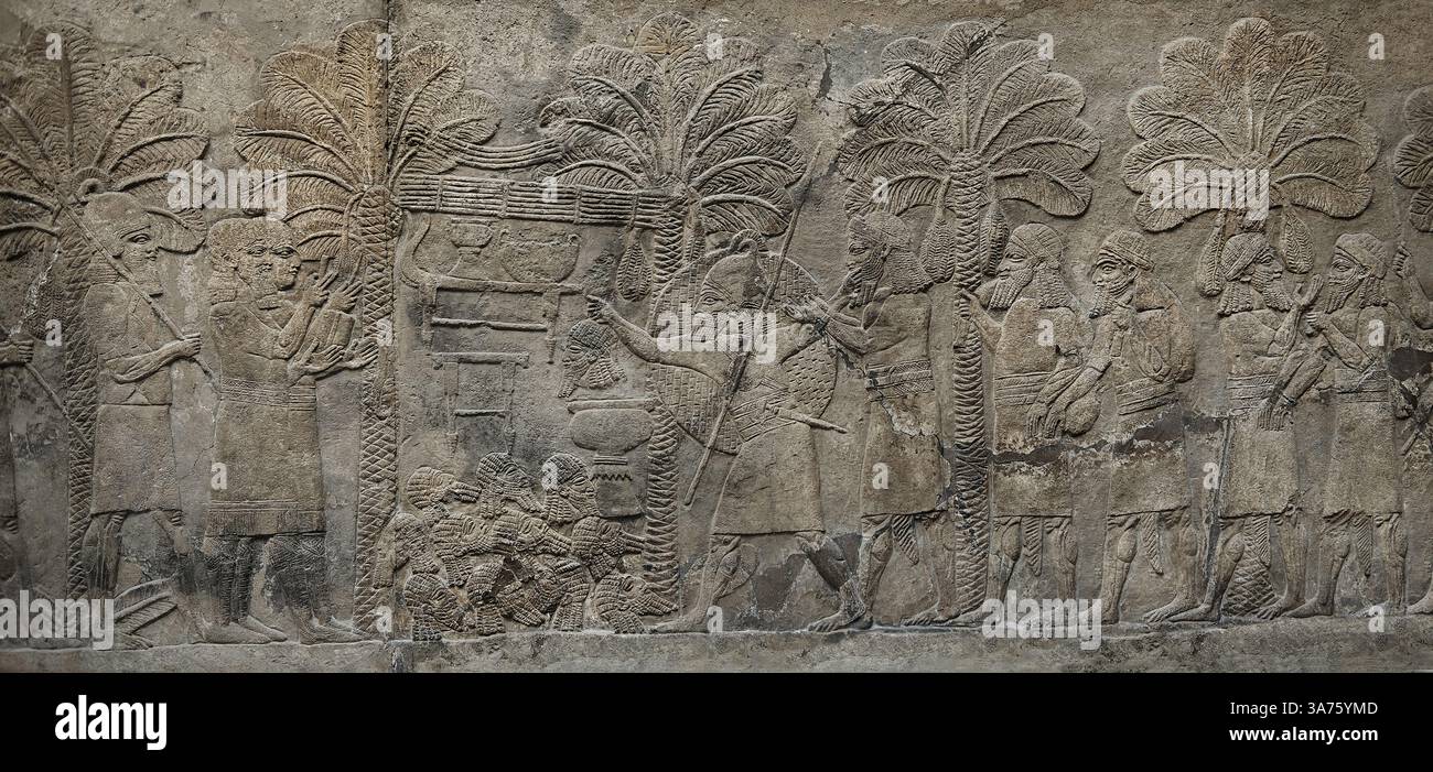 Les dirigeants des peuples conquis rendent hommage au roi assyrien dans le sud de l'Irak, 640-620 av. J.-C., cour XIX, panneaux 10-12 Ninive, British Museum Banque D'Images