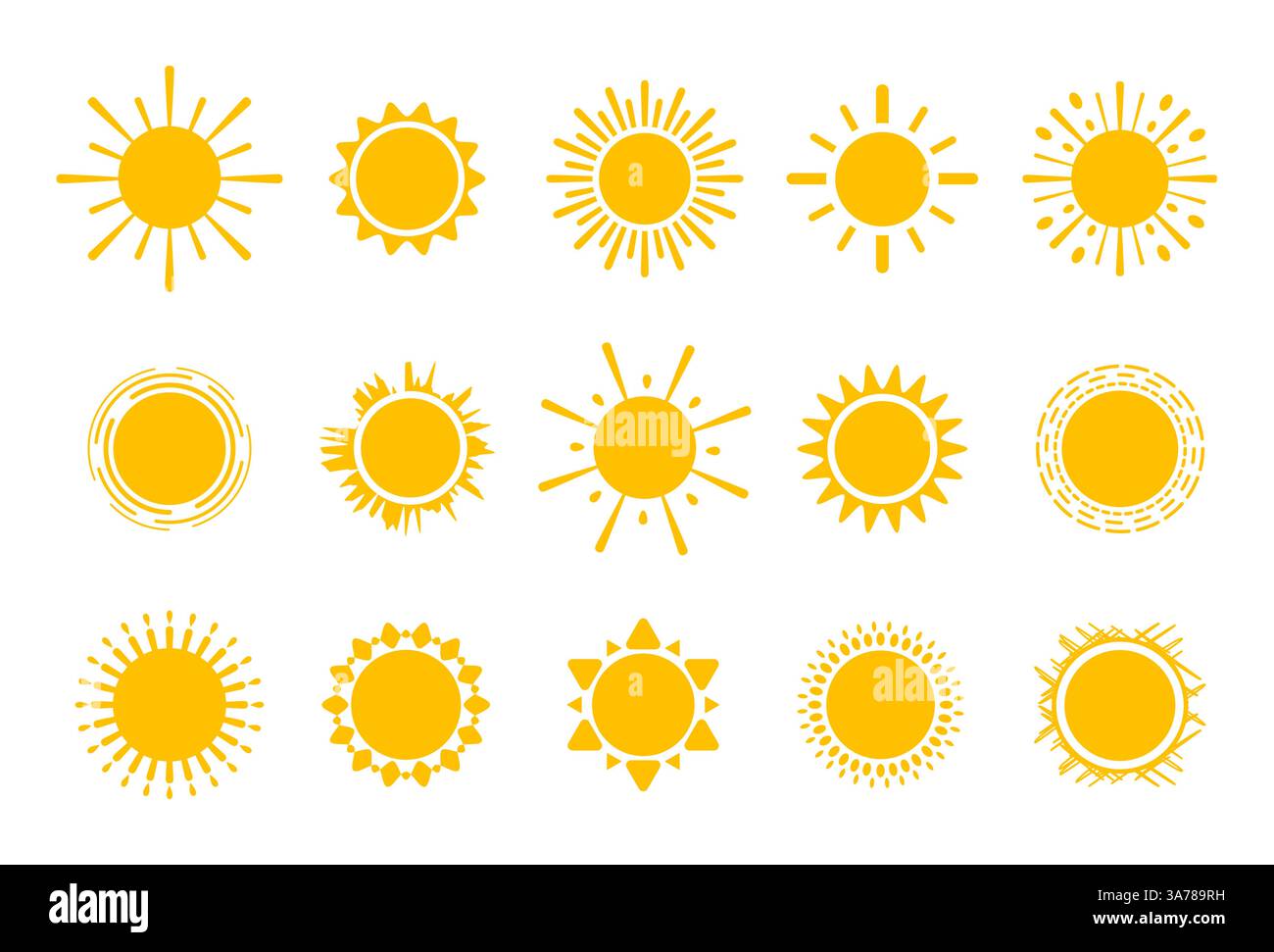 Tableau vibrant d'icônes stylisées du soleil avec divers rayons et dessins sur un fond blanc Illustration de Vecteur
