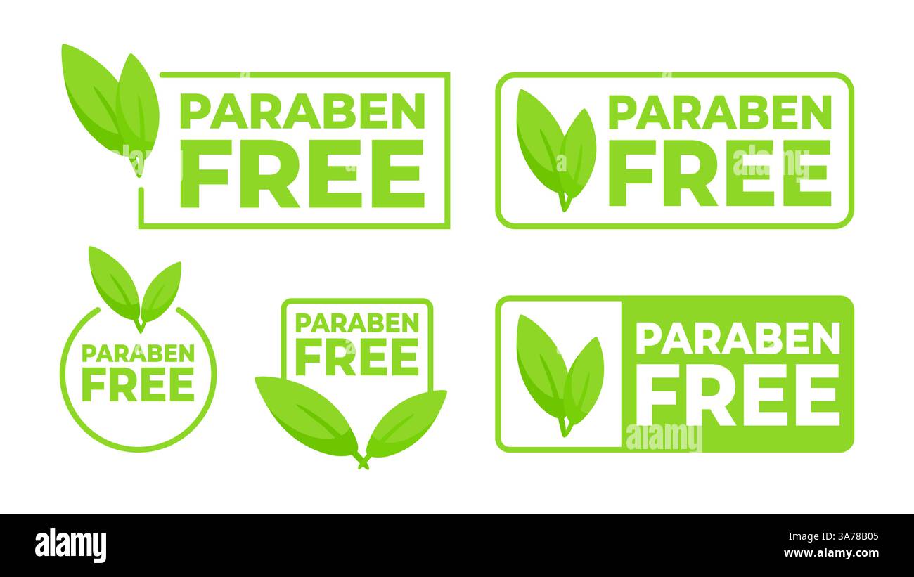 Ensemble d'étiquettes vertes vives avec Paraben Free avec un symbole de feuille, conçu pour les soins de la peau et les produits de beauté soucieux de la santé. Illustration de Vecteur