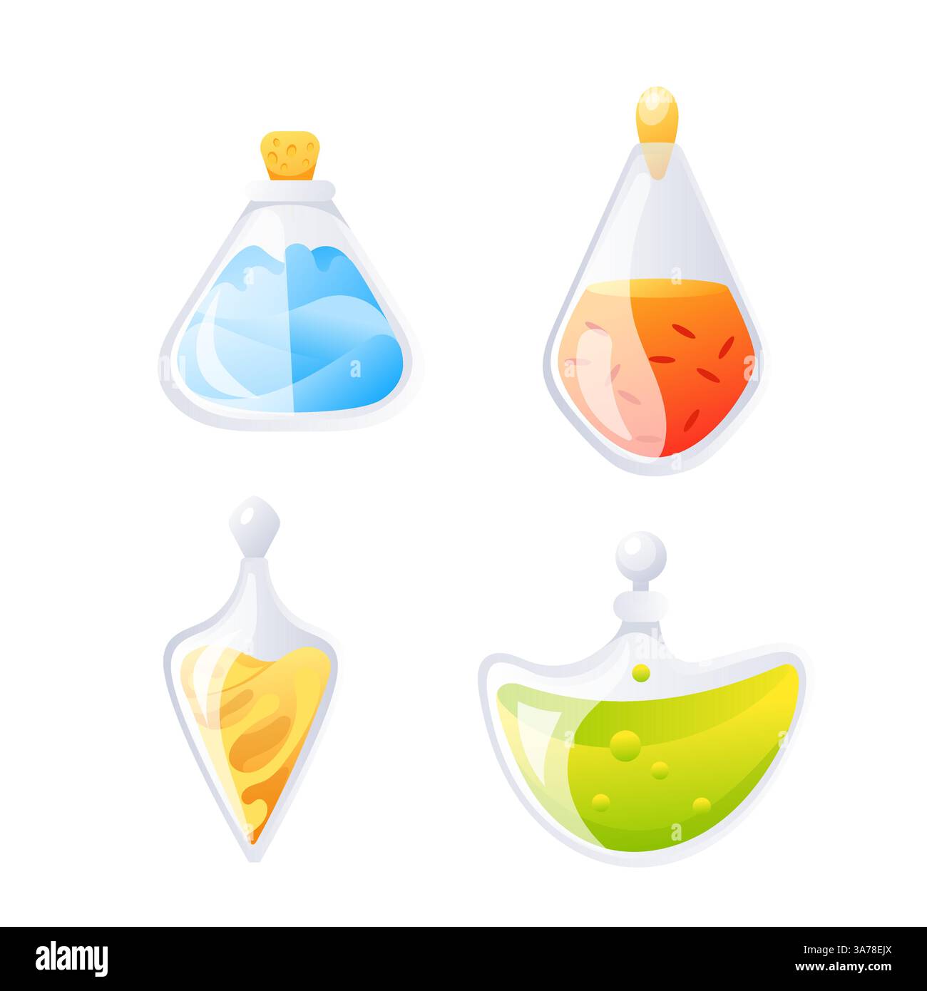 Coffret de flacons de potion magique. Élixir alchimique. Substance magique. Potion de jeu. Illustration de Vecteur