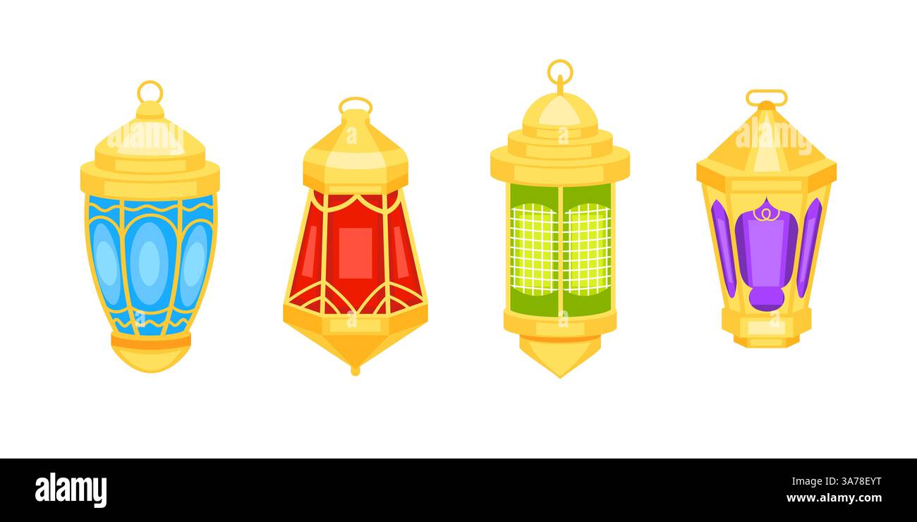 Lanternes célèbres. Belles lampes ornementales musulmanes, lanternes suspendues aux chaînons Illustration de Vecteur