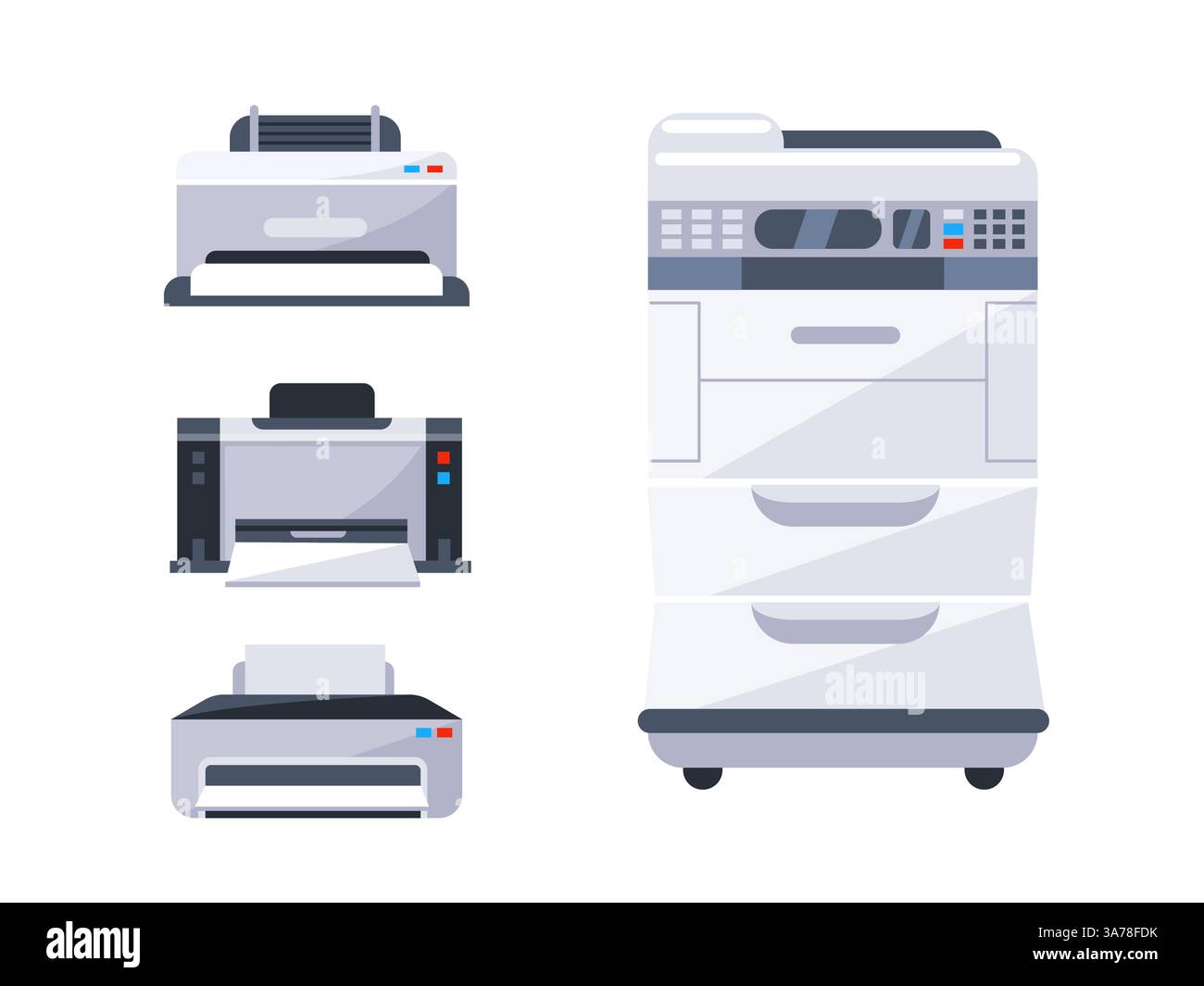 Quatre imprimantes différentes sont debout sur un fond blanc, représentant l'équipement électronique de la maison et du bureau Illustration de Vecteur