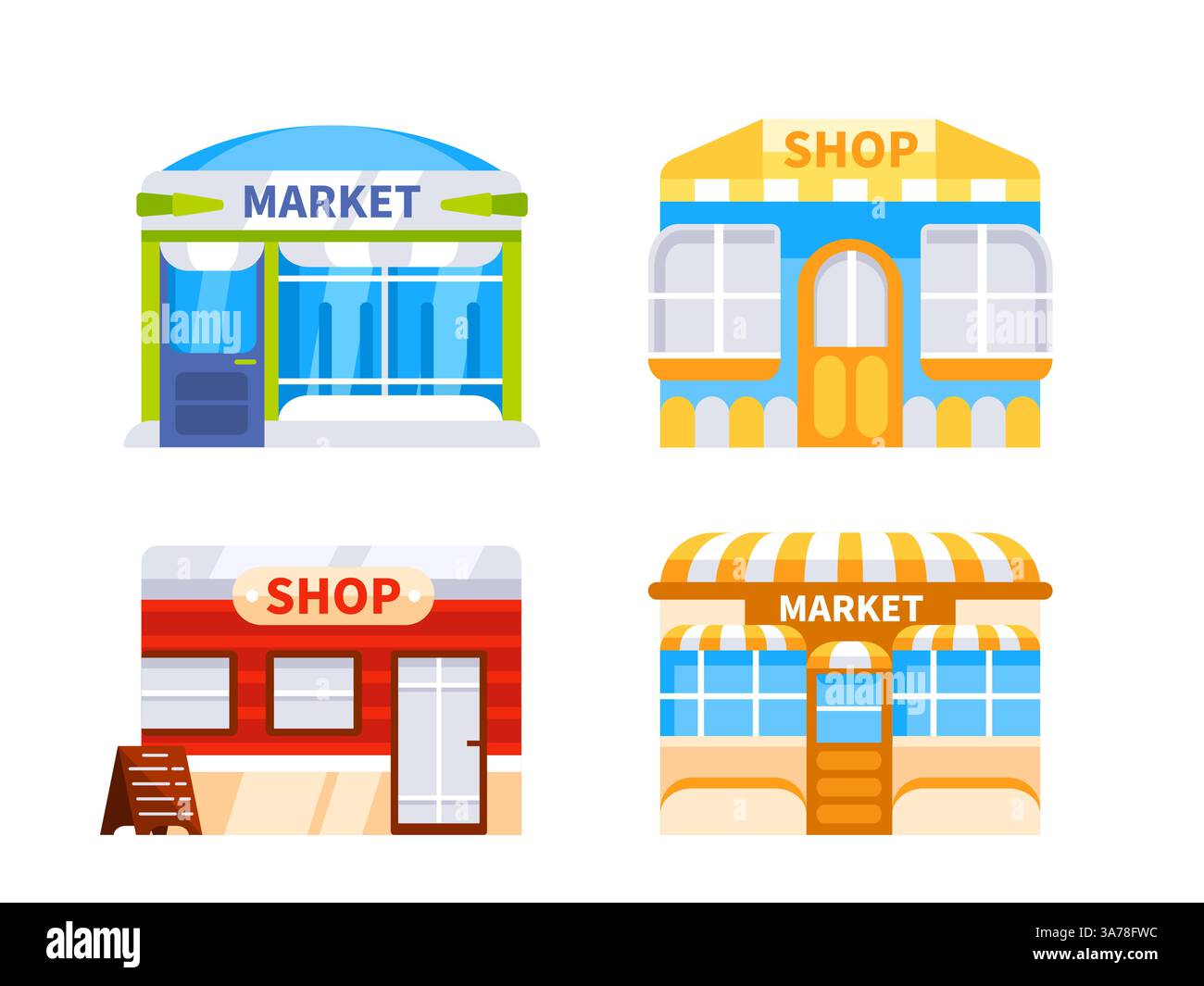 Ensemble de magasins et de marchés avec de grandes fenêtres pour l'affichage des marchandises, avec un panneau sur la façade, isolé sur blanc Illustration de Vecteur