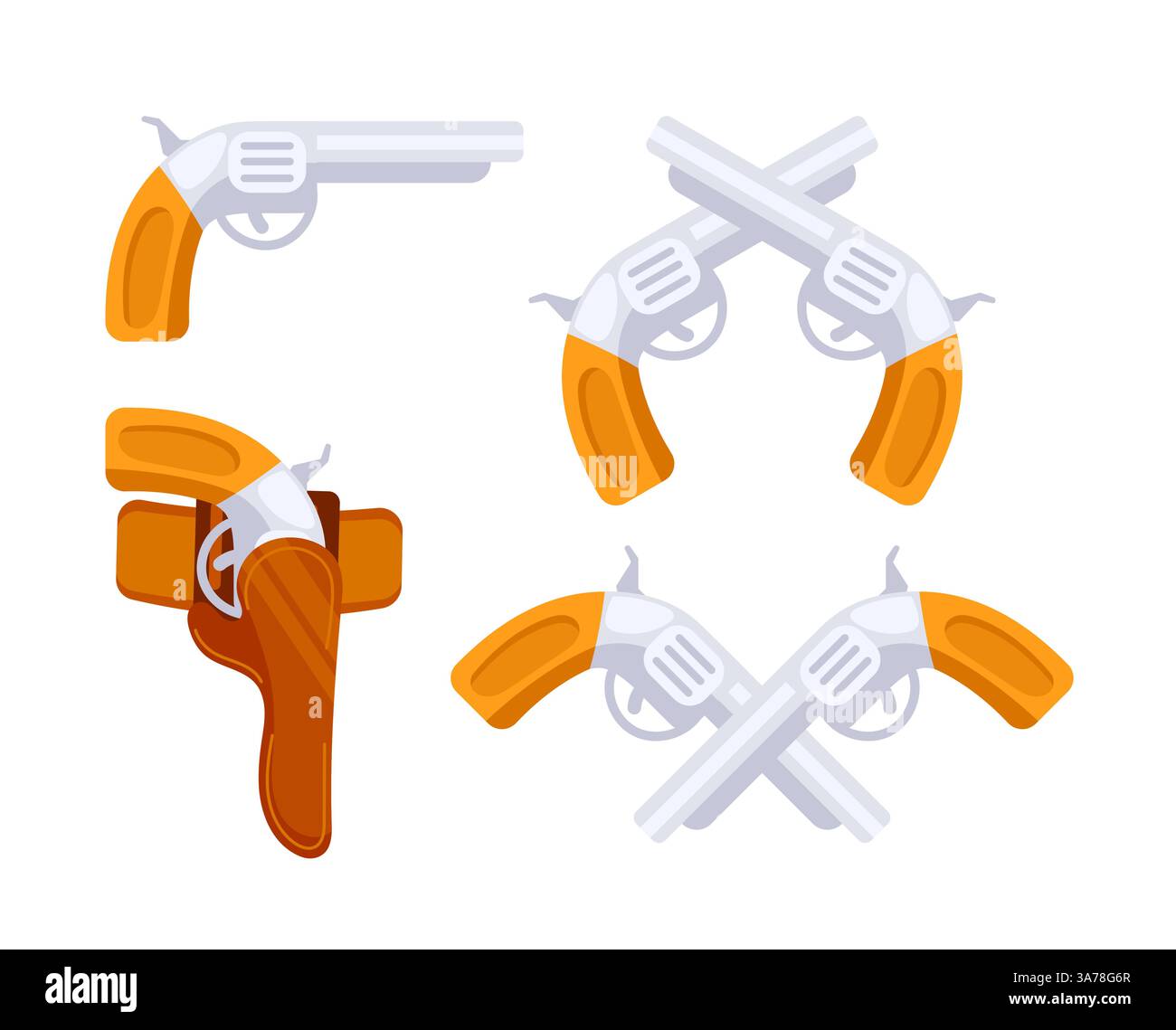 Ensemble de pistolets dans un style plat, certains pointent vers la droite, d'autres vers la gauche, et d'autres sont croisés Illustration de Vecteur